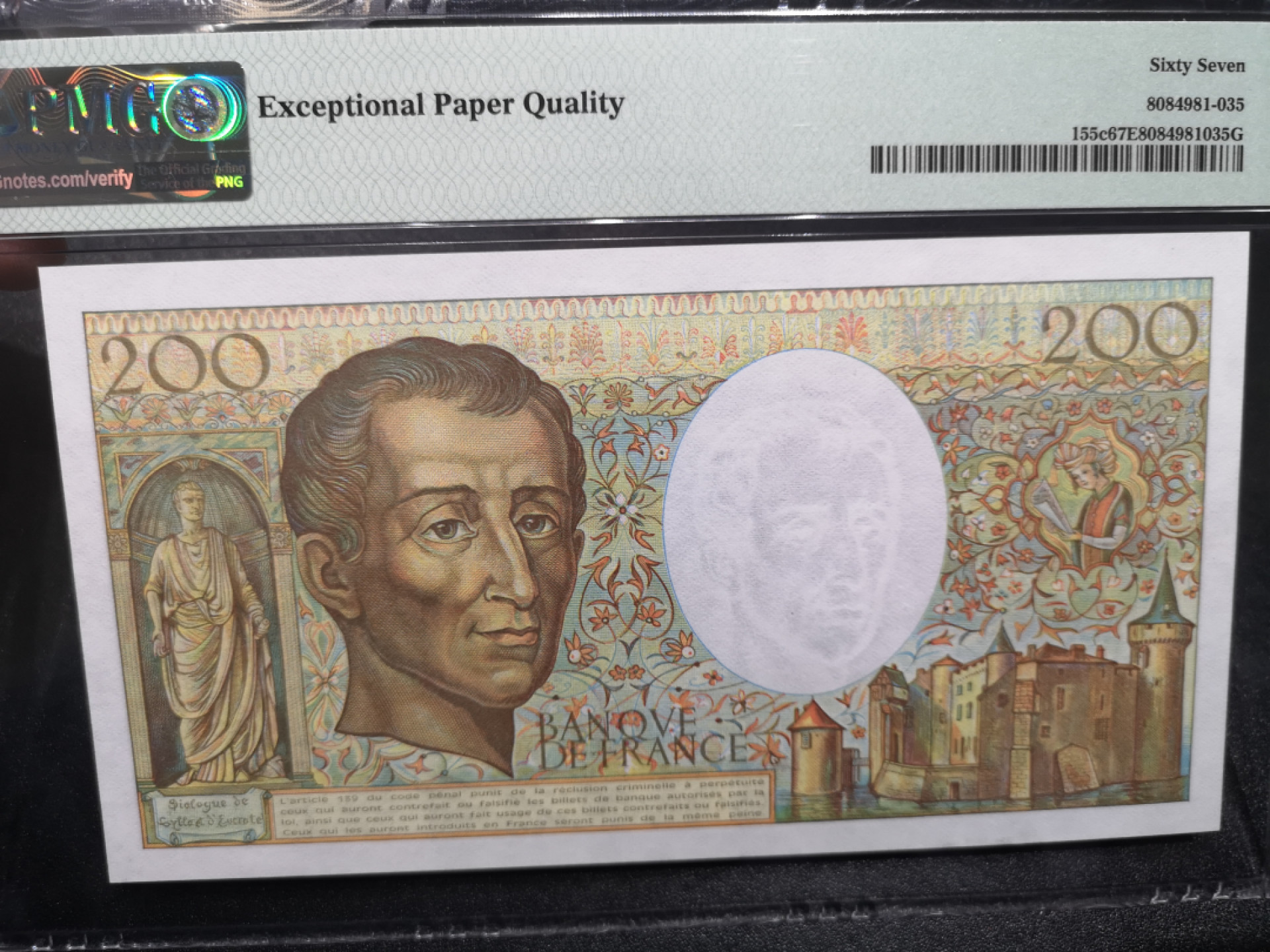 《外钞收藏家》第一百四十六期拍卖-超百件大拍场（本期106件） 1989年法国200法郎 PMG67