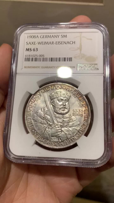 《竞宝斋》钱币微拍-第14场-本周日，周一2场连拍（全场顺丰包邮） NGC-MS63 德国萨克森魏玛 1908年 耶拿大学 5马克 银币 转光淡彩 收藏级