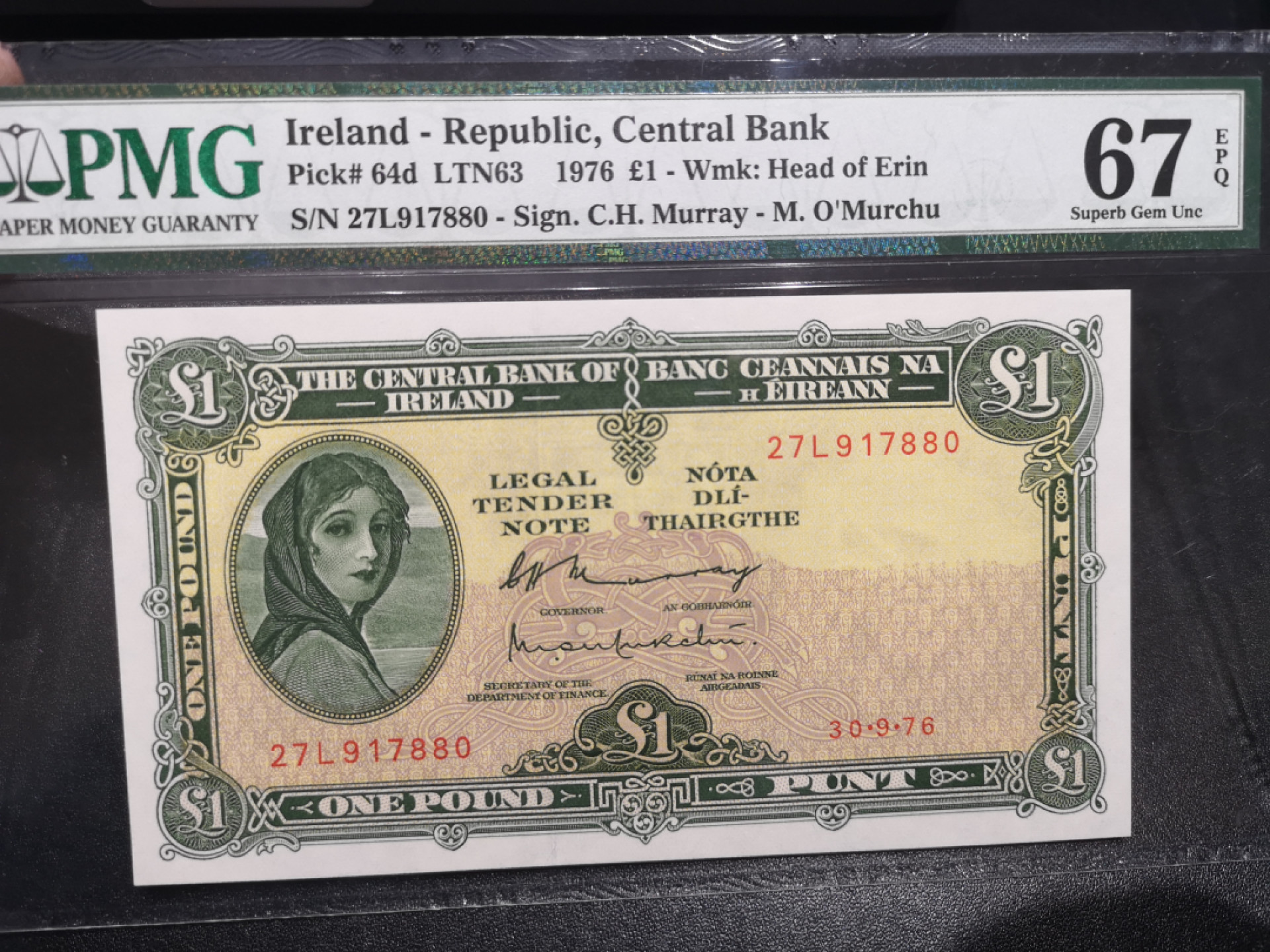 《外钞收藏家》第一百四十六期拍卖-超百件大拍场（本期106件） 1976年爱尔兰1镑 PMG67