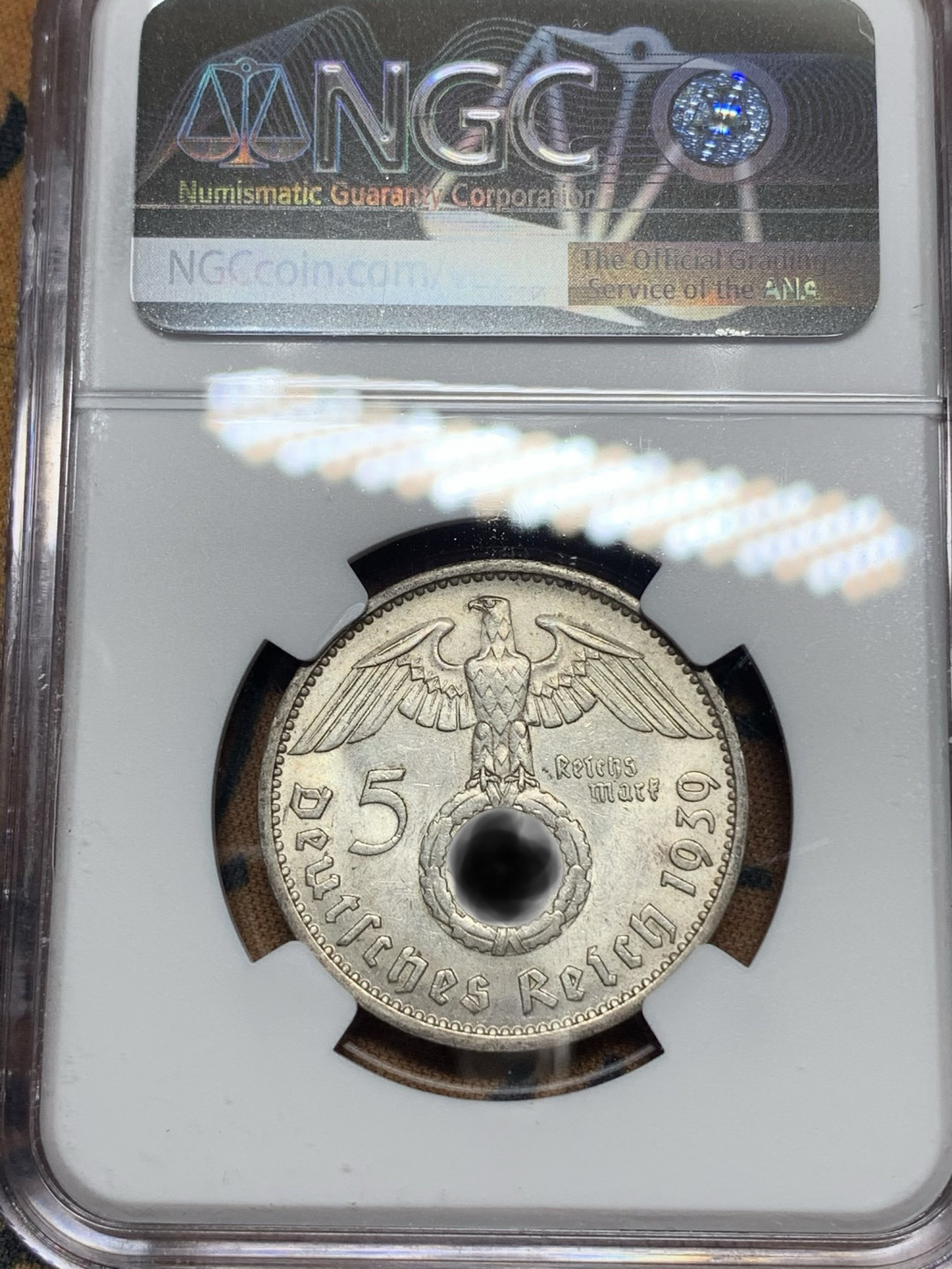 《竞宝斋》钱币微拍-第13场-本周日，周一2场连拍（全场顺丰包邮） NGC-AU58 德国 1939-J年 兴登堡5马克 银币 原光好品