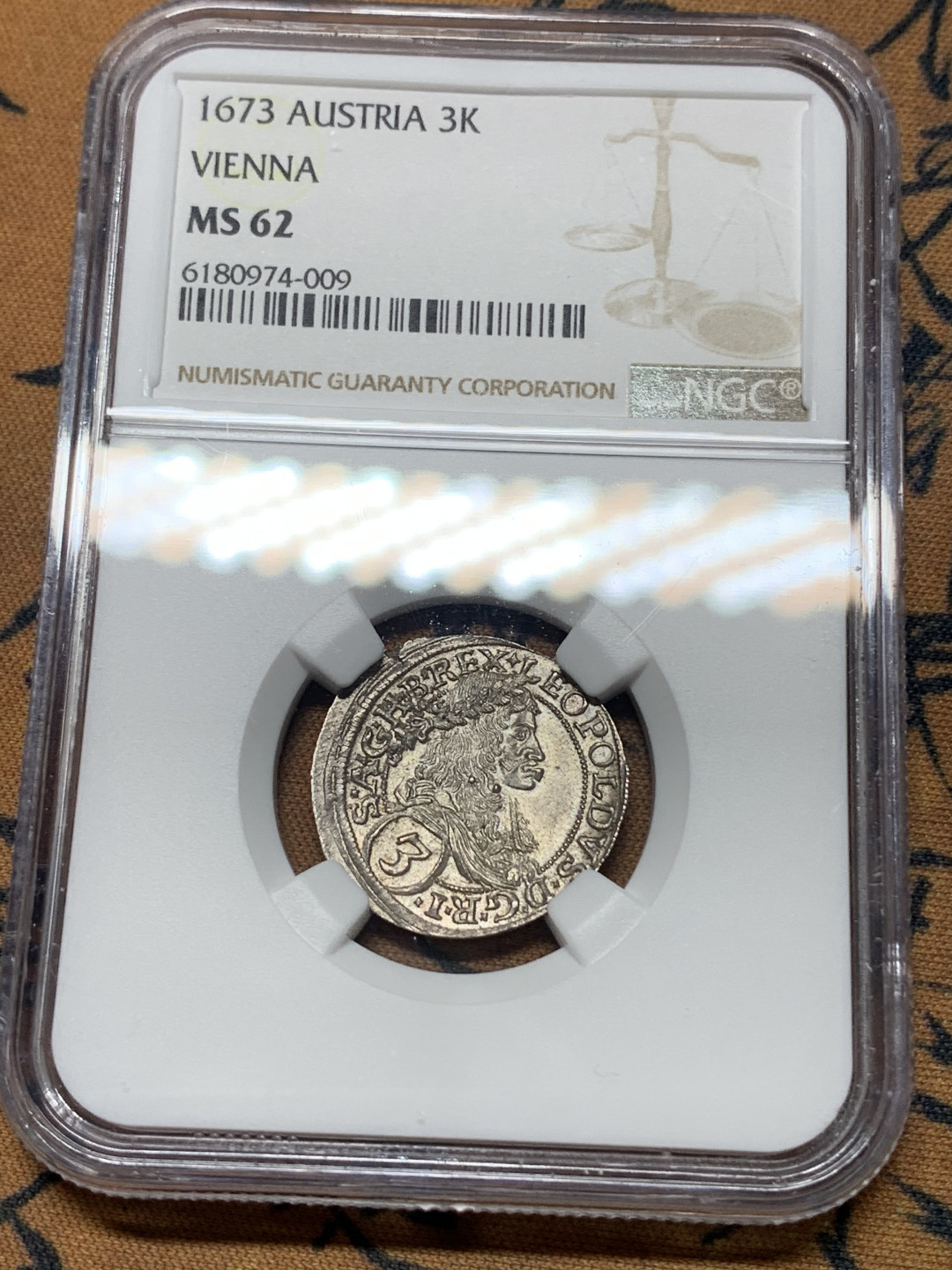 《竞宝斋》钱币微拍-第14场-本周日，周一2场连拍（全场顺丰包邮） 第三名 NGC-MS62 奥匈神罗 1673年 哈布斯堡利奥波德一世 3K 银币发丝细节清晰 原味带光 非常难得