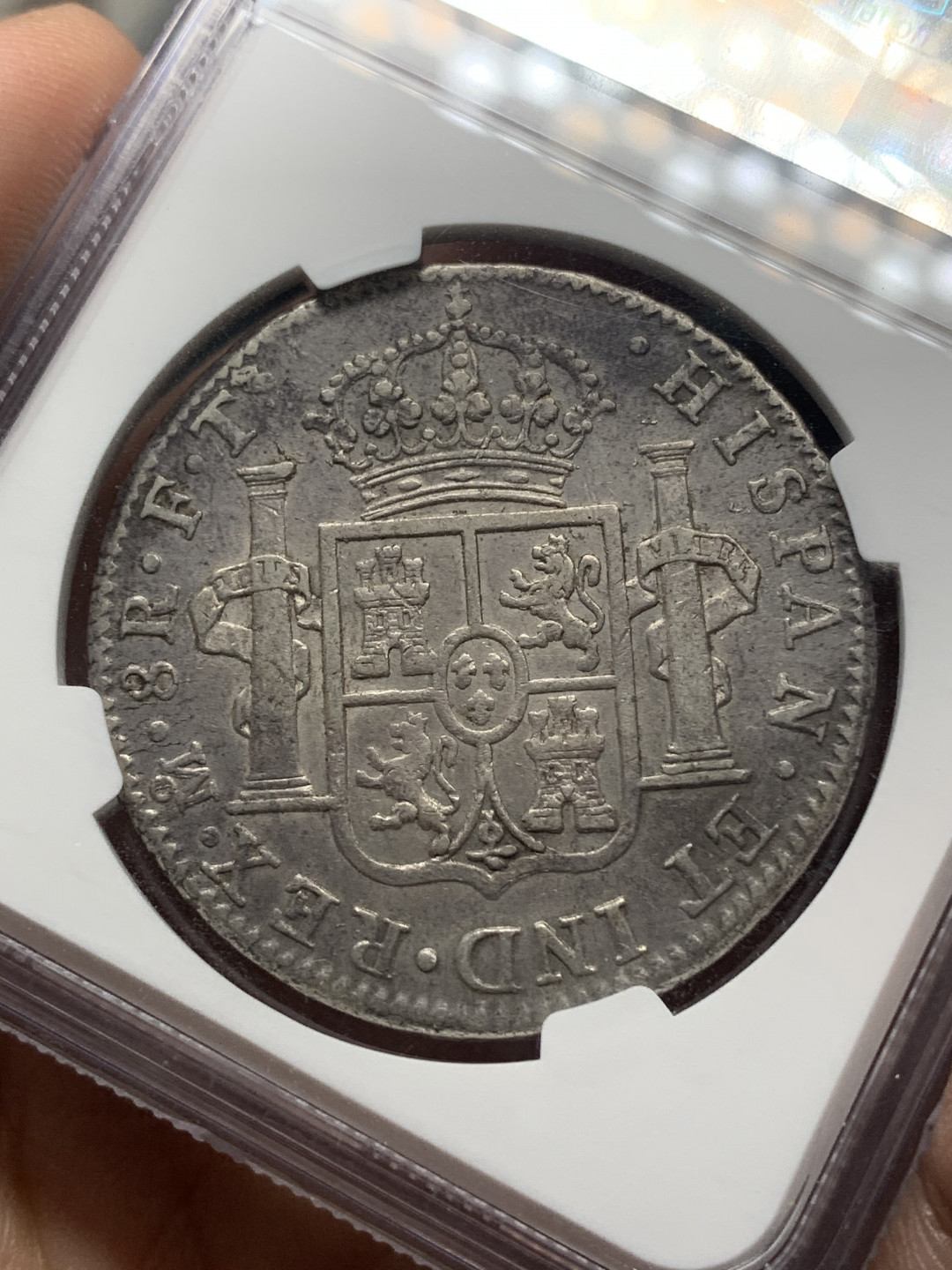 《竞宝斋》钱币微拍-第14场-本周日，周一2场连拍（全场顺丰包邮） NGC-XF45 墨西哥 1803年 卡洛斯四世双柱 8R 原味品 银币 这样的双柱也涨疯了