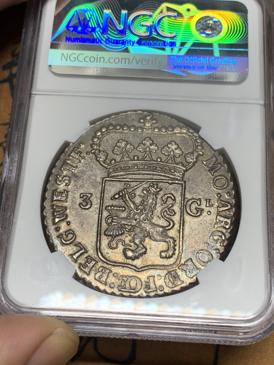 《竞宝斋》钱币微拍-第14场-本周日，周一2场连拍（全场顺丰包邮） NGC-MS62 荷兰 1793年 西弗里斯兰省 站人 3盾 原味老包浆 细节一流