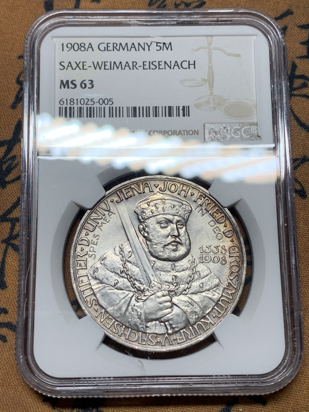 《竞宝斋》钱币微拍-第14场-本周日，周一2场连拍（全场顺丰包邮） NGC-MS63 德国萨克森魏玛 1908年 耶拿大学 5马克 银币 转光淡彩 收藏级