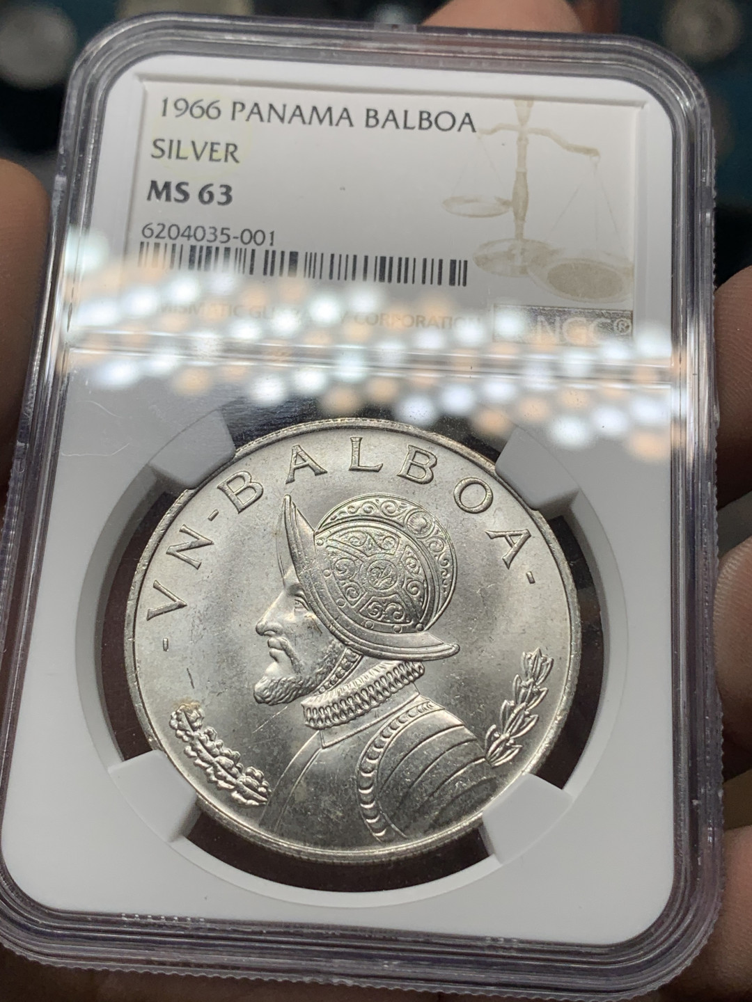 《竞宝斋》钱币微拍-第14场-本周日，周一2场连拍（全场顺丰包邮） NGC-MS63 巴拿马 1966年 1巴波亚 银币