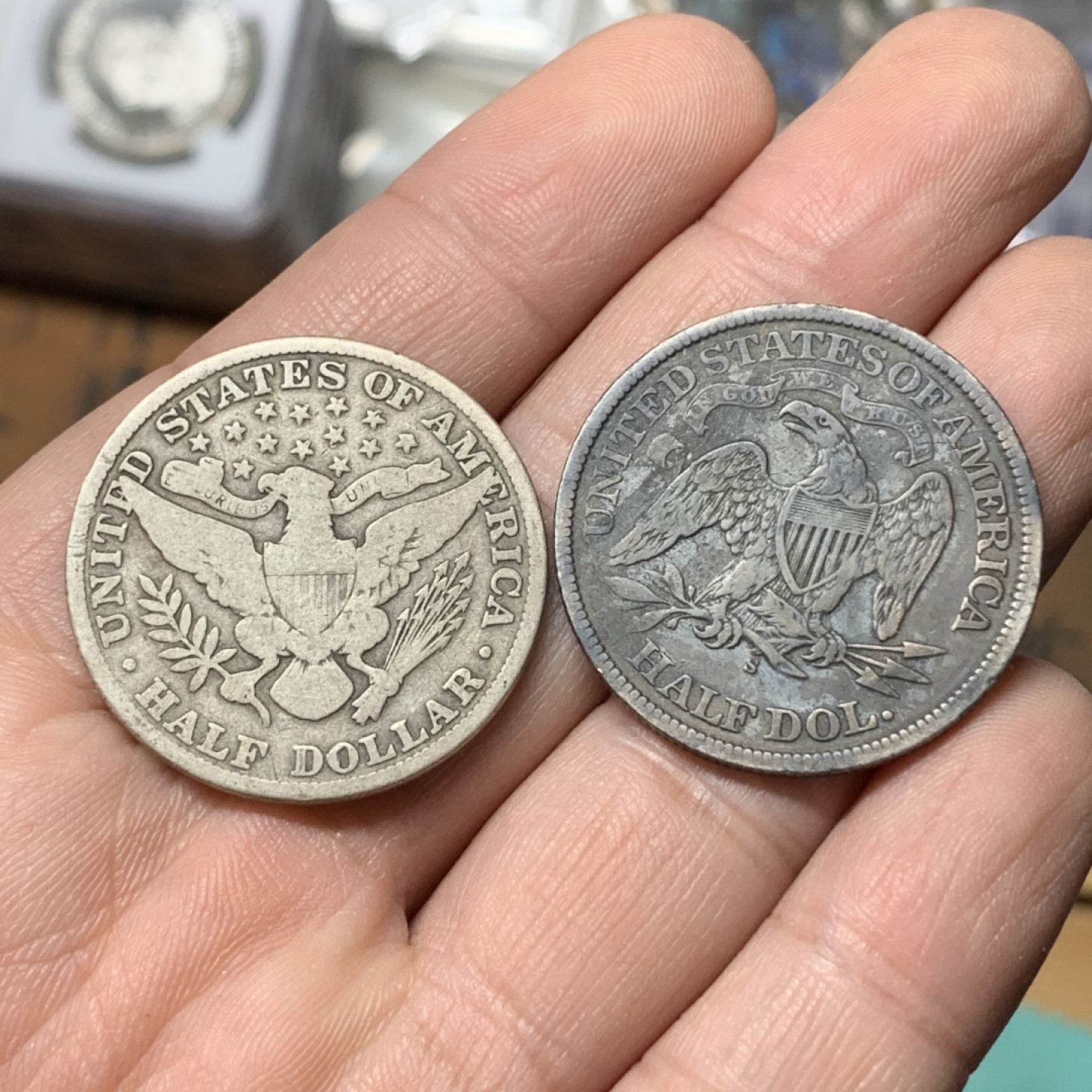 《竞宝斋》钱币微拍-第14场-本周日，周一2场连拍（全场顺丰包邮） 美国早期半美元两枚一组