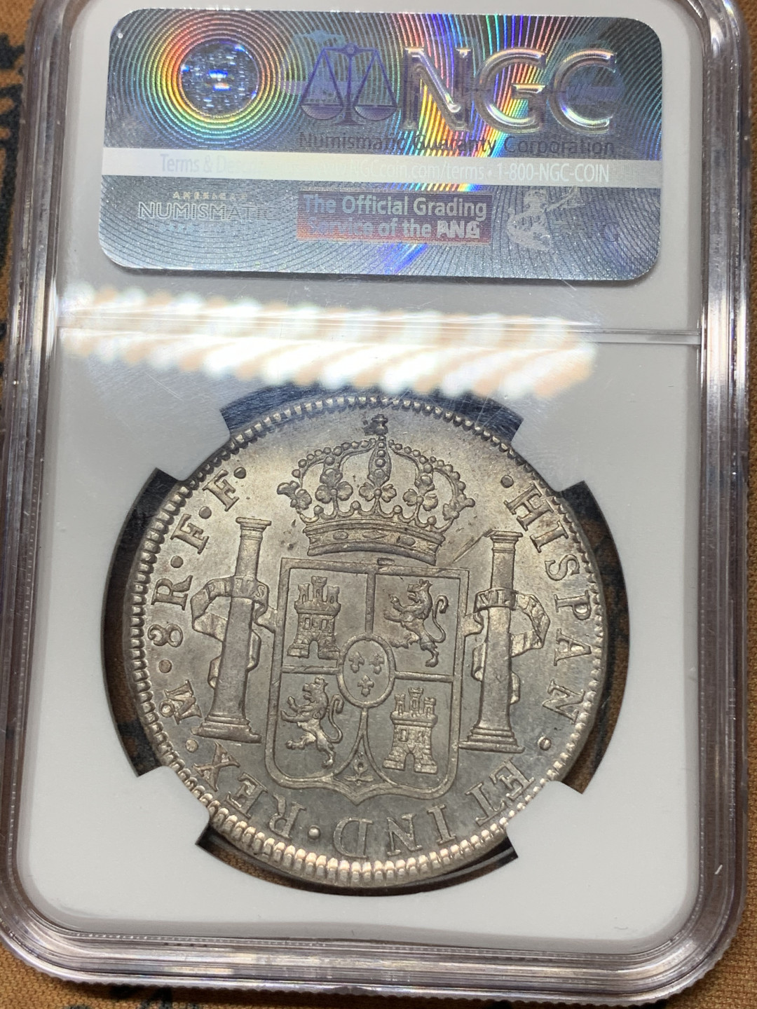 《竞宝斋》钱币微拍-第14场-本周日，周一2场连拍（全场顺丰包邮） NGC-MS62 墨西哥 1779 8 里亚尔  人像双柱卡三 超级稀缺品相  同品相ha刚刚成交4320刀