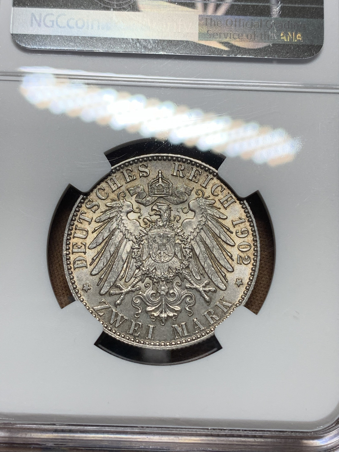 《竞宝斋》钱币微拍-第14场-本周日，周一2场连拍（全场顺丰包邮） NGC-MS64 德国萨克森 1902-E年 2马克 银币 原味带彩 顶级品相