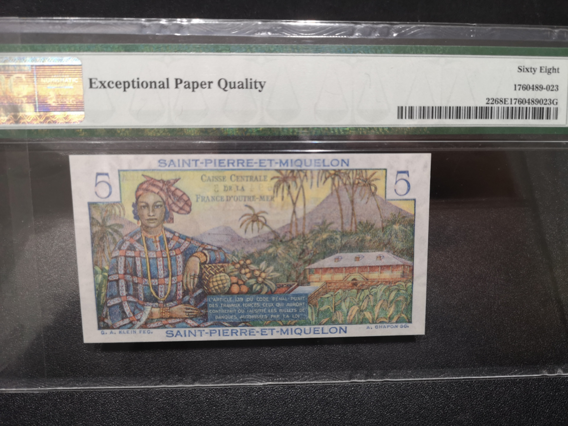 《外钞收藏家》第一百四十六期拍卖-超百件大拍场（本期106件） 1950-60年圣皮埃尔5法郎 PMG68