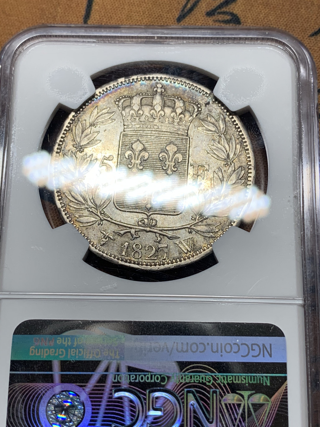 《竞宝斋》钱币微拍-第14场-本周日，周一2场连拍（全场顺丰包邮） NGC-XF 法国 1827-W年 查理十世 5法郎 好品带彩