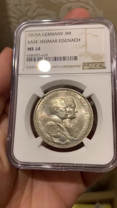 《竞宝斋》钱币微拍-第14场-本周日，周一2场连拍（全场顺丰包邮） NGC-MS64 德国萨克森魏玛大公国 1915年 100周年纪念 3马克 银币 原光好品 稀少品种