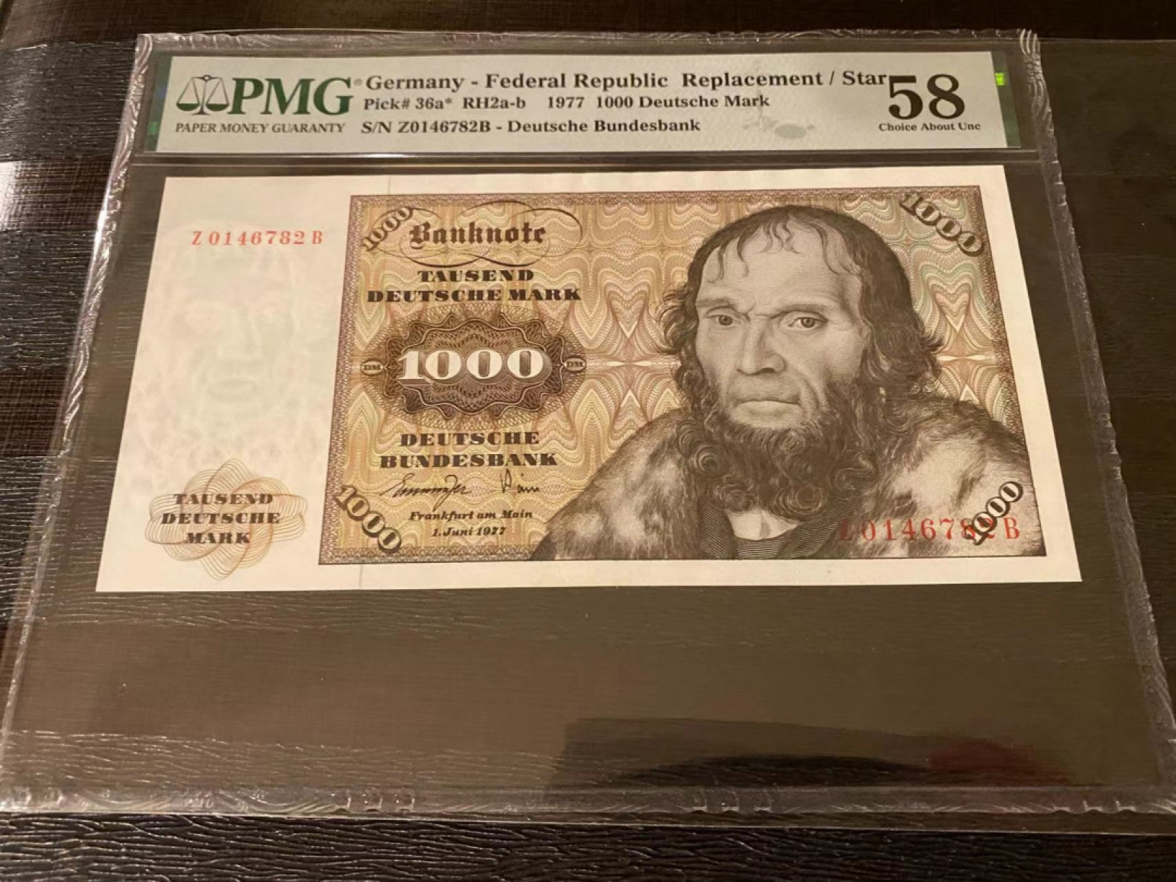 《外钞收藏家》第一百四十六期拍卖-超百件大拍场（本期106件） 1977年德国1000马克 PMG58 稀少补号 评级库目前四枚
