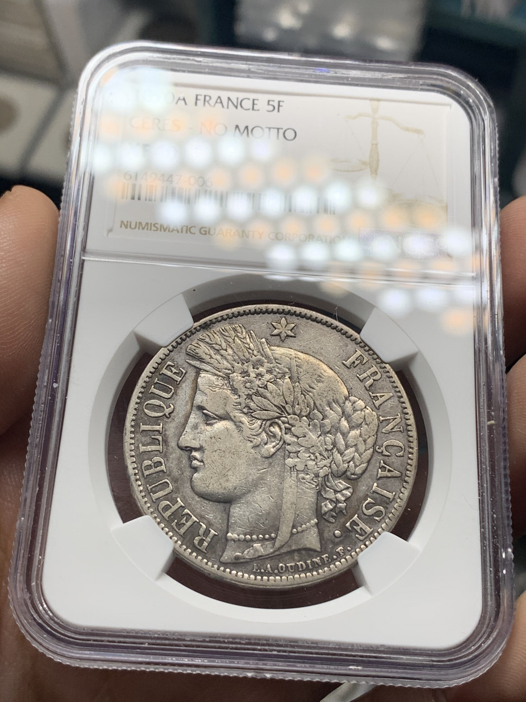 《竞宝斋》钱币微拍-第14场-本周日，周一2场连拍（全场顺丰包邮） NGC-XF40 法国 1870-A年 谷物女神“无字版” 5法郎 银币 稀少版别 原味出分非常稀少