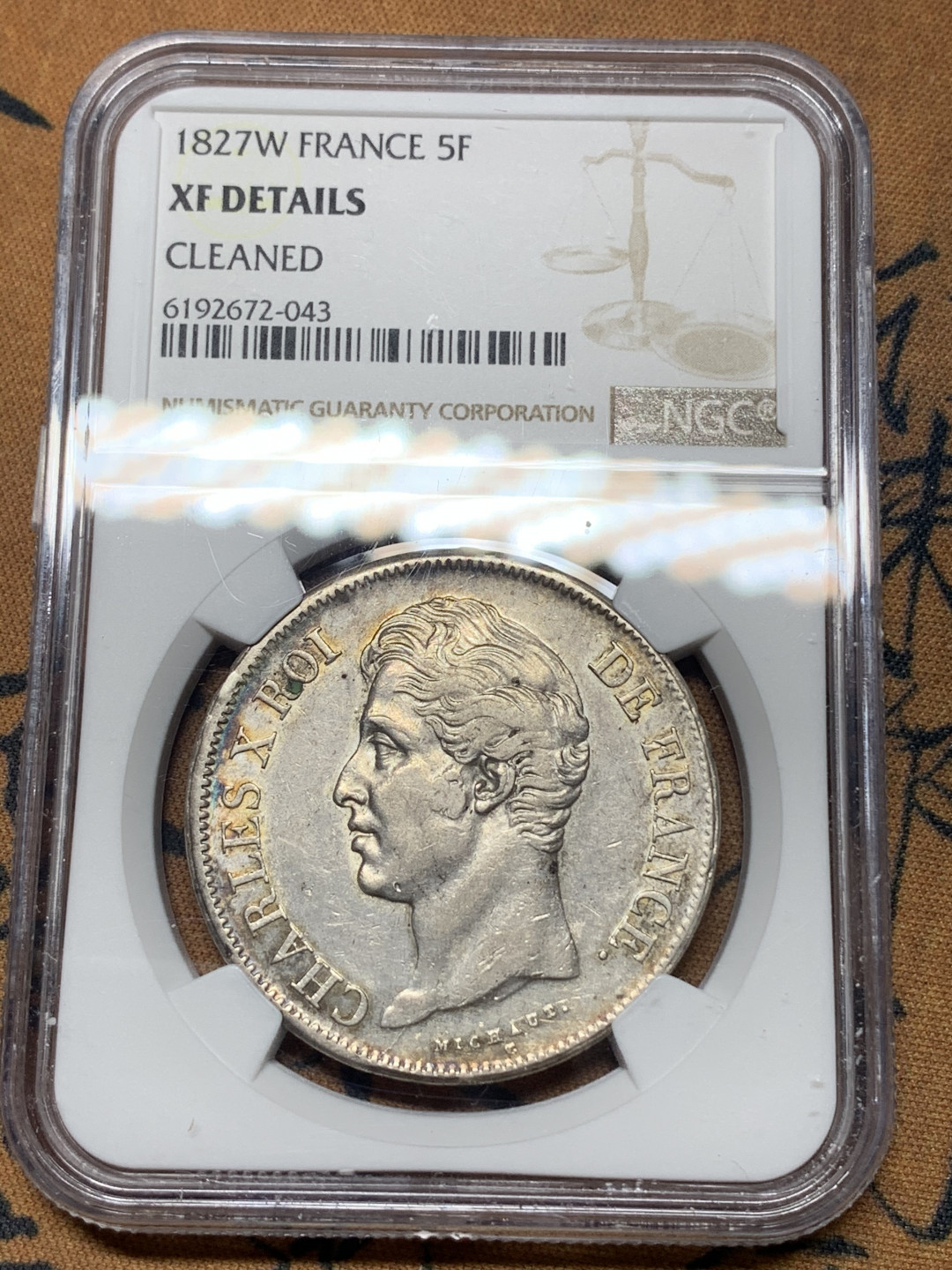 《竞宝斋》钱币微拍-第14场-本周日，周一2场连拍（全场顺丰包邮） NGC-XF 法国 1827-W年 查理十世 5法郎 好品带彩