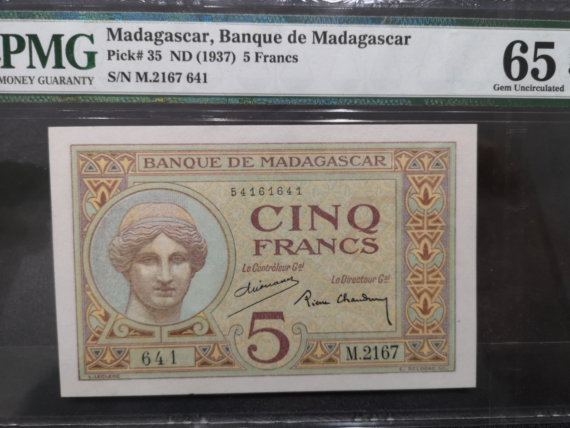 《外钞收藏家》第一百四十六期拍卖-超百件大拍场（本期106件） 1937年马达加斯加5法郎 PMG65
