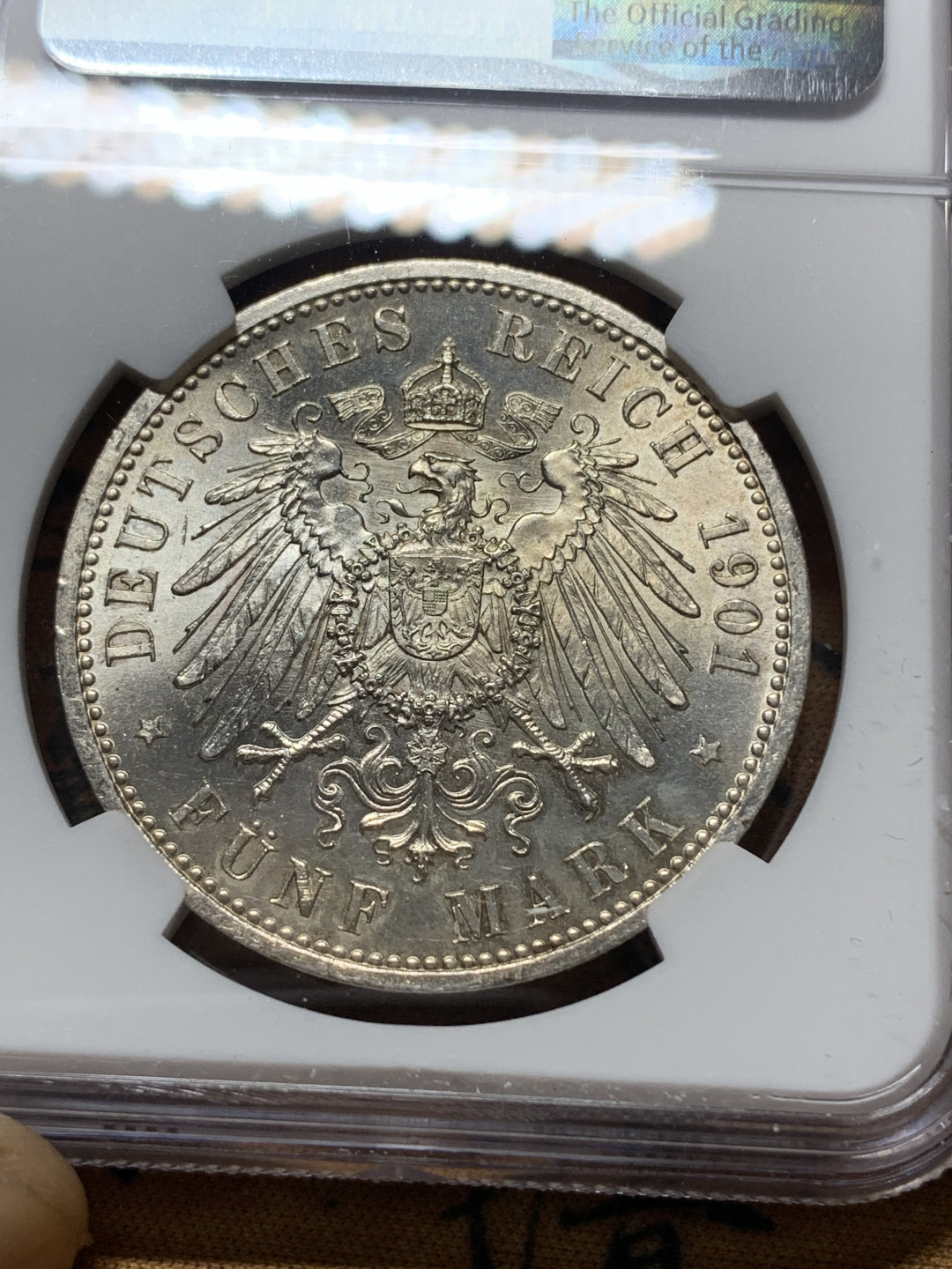 《竞宝斋》钱币微拍-第14场-本周日，周一2场连拍（全场顺丰包邮） NGC-MS63 德国普鲁士 1901年 200周年纪念 5马克 原光银币 一流曝光状态  