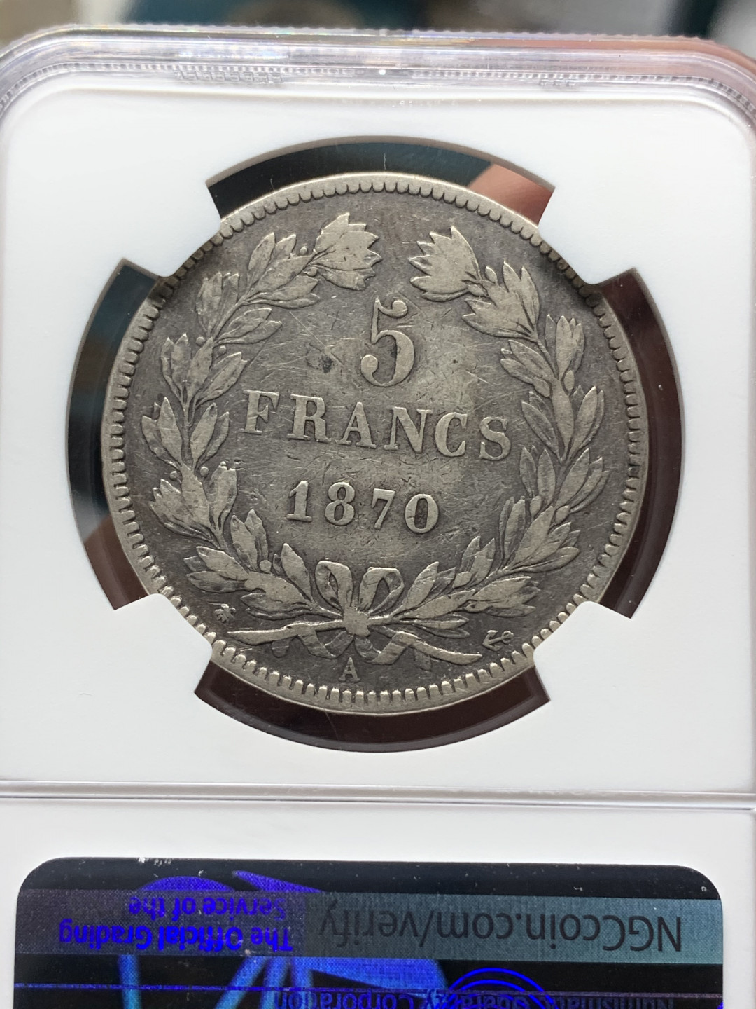 《竞宝斋》钱币微拍-第14场-本周日，周一2场连拍（全场顺丰包邮） NGC-XF40 法国 1870-A年 谷物女神“无字版” 5法郎 银币 稀少版别 原味出分非常稀少