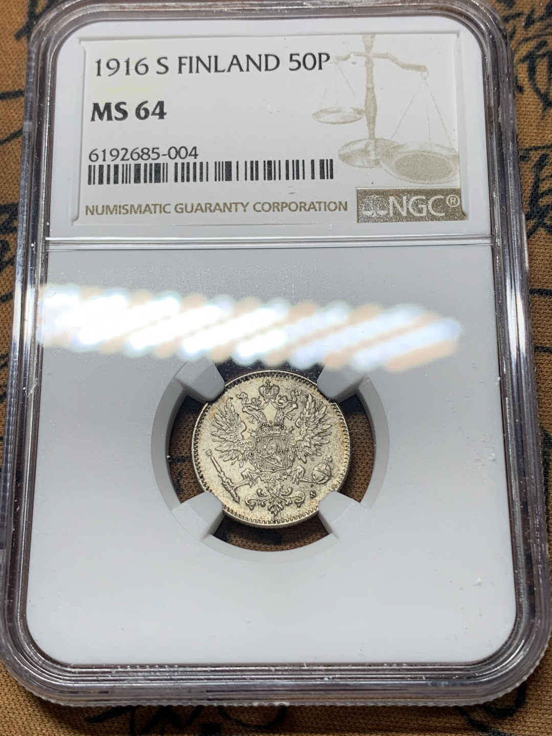 《竞宝斋》钱币微拍-第14场-本周日，周一2场连拍（全场顺丰包邮） NGC-MS64 芬兰 1916-S年 50分 银币 顶级品相