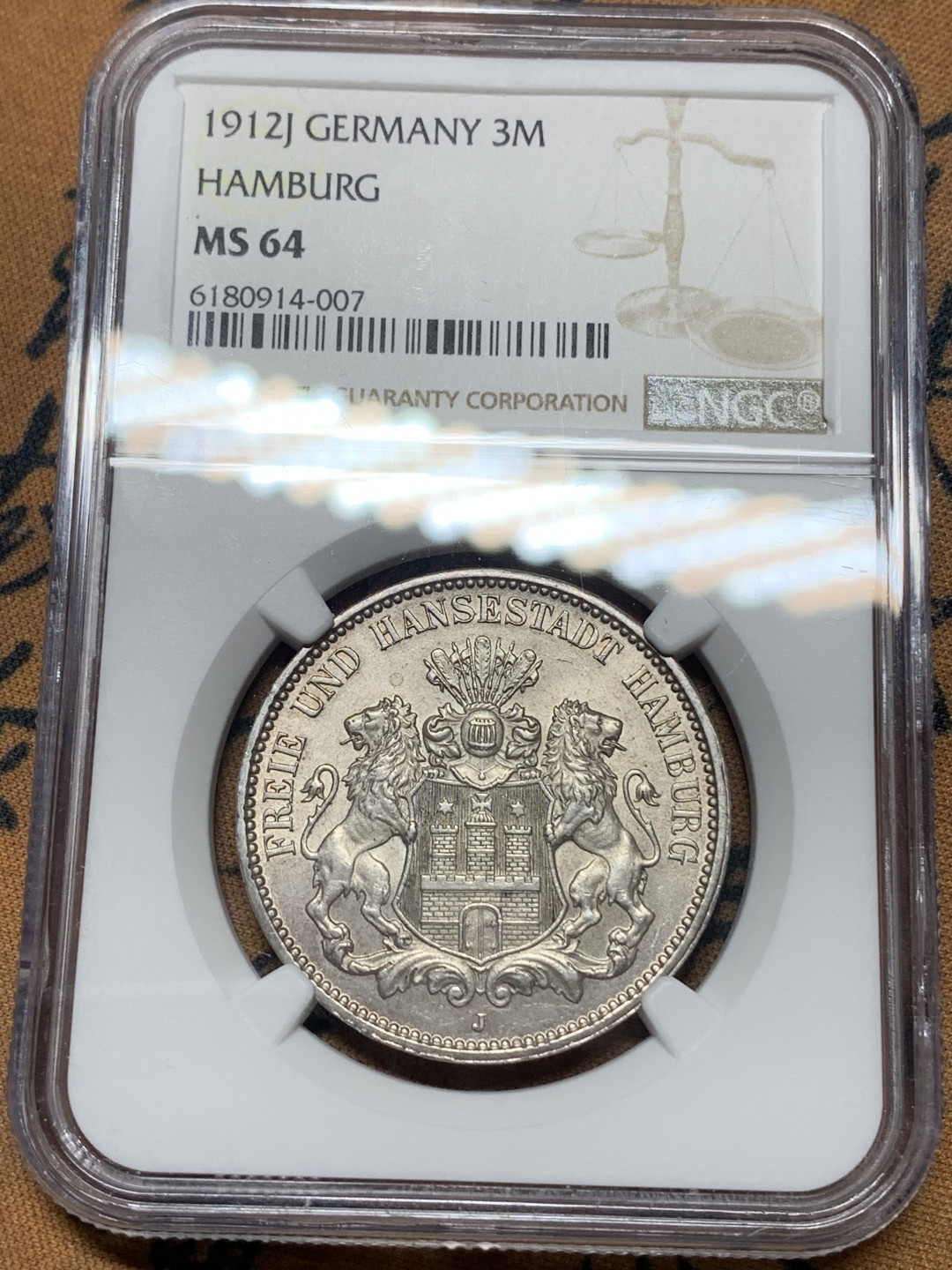 《竞宝斋》钱币微拍-第14场-本周日，周一2场连拍（全场顺丰包邮） NGC-MS64 德国汉堡 1912-J年 双狮3马克 银币 转光好品 难得高分
