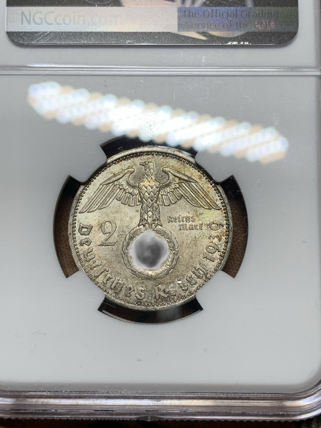 《竞宝斋》钱币微拍-第14场-本周日，周一2场连拍（全场顺丰包邮） NGC-MS62 德国 1939-A年 2马克 银币 原光好品