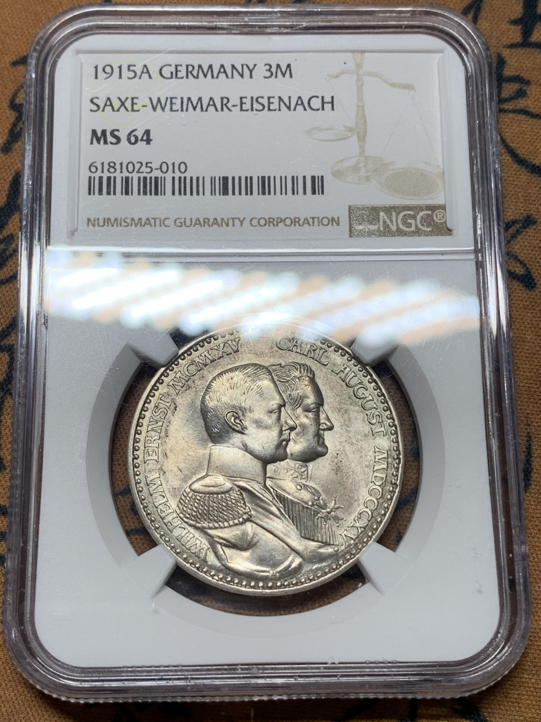 《竞宝斋》钱币微拍-第14场-本周日，周一2场连拍（全场顺丰包邮） NGC-MS64 德国萨克森魏玛大公国 1915年 100周年纪念 3马克 银币 原光好品 稀少品种