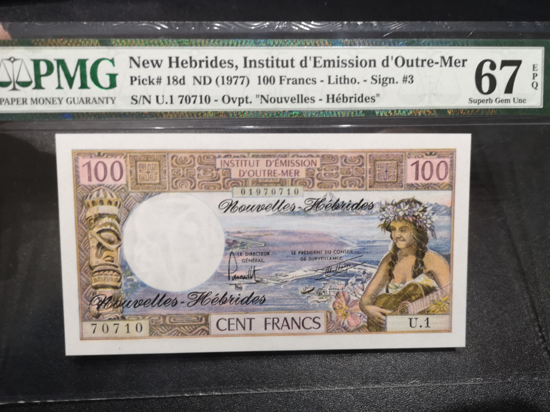 《外钞收藏家》第一百四十六期拍卖-超百件大拍场（本期106件） 新赫布里底群岛100法郎 PMG67