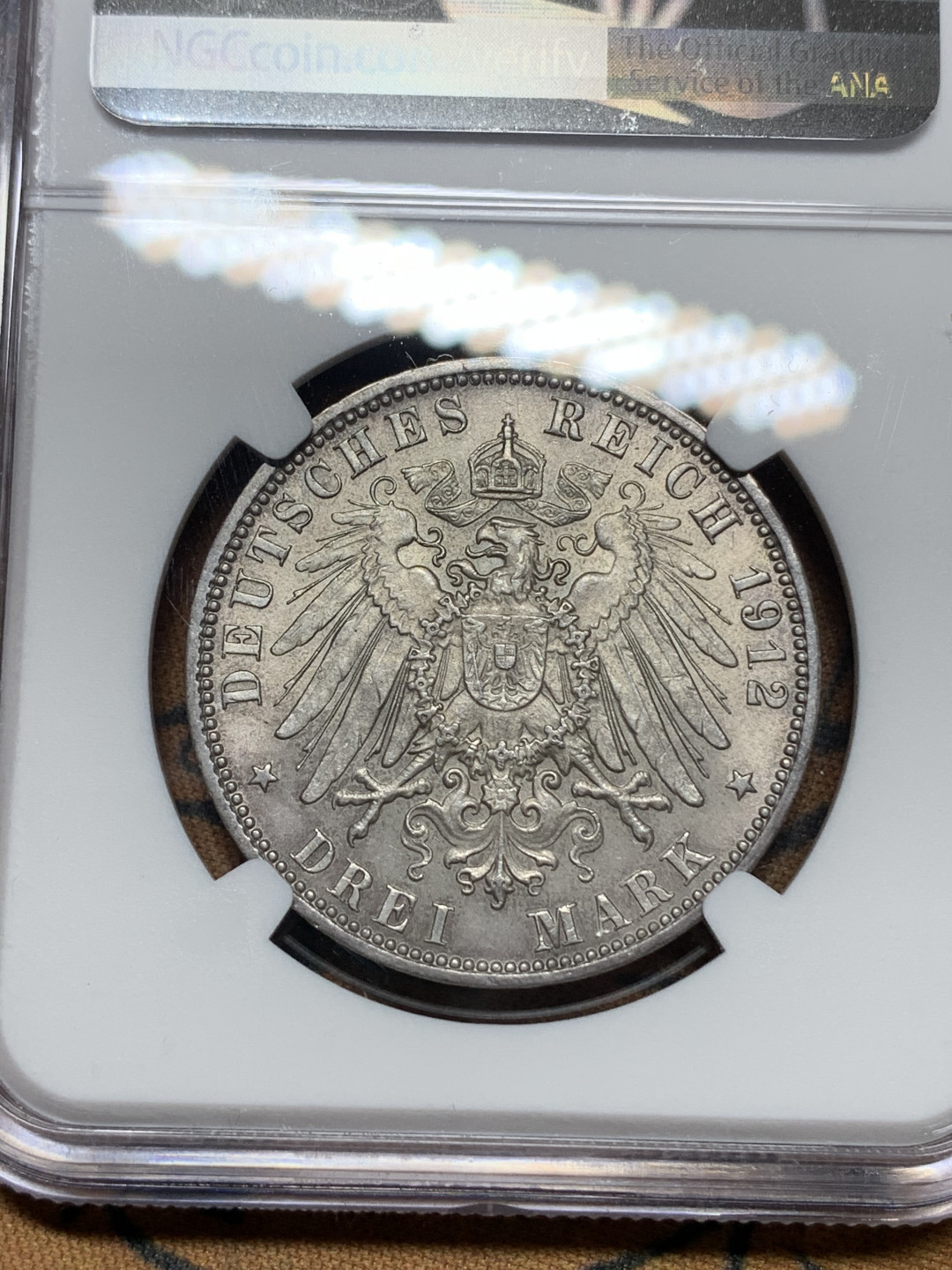 《竞宝斋》钱币微拍-第14场-本周日，周一2场连拍（全场顺丰包邮） NGC-MS64 德国汉堡 1912-J年 双狮3马克 银币 转光好品 难得高分