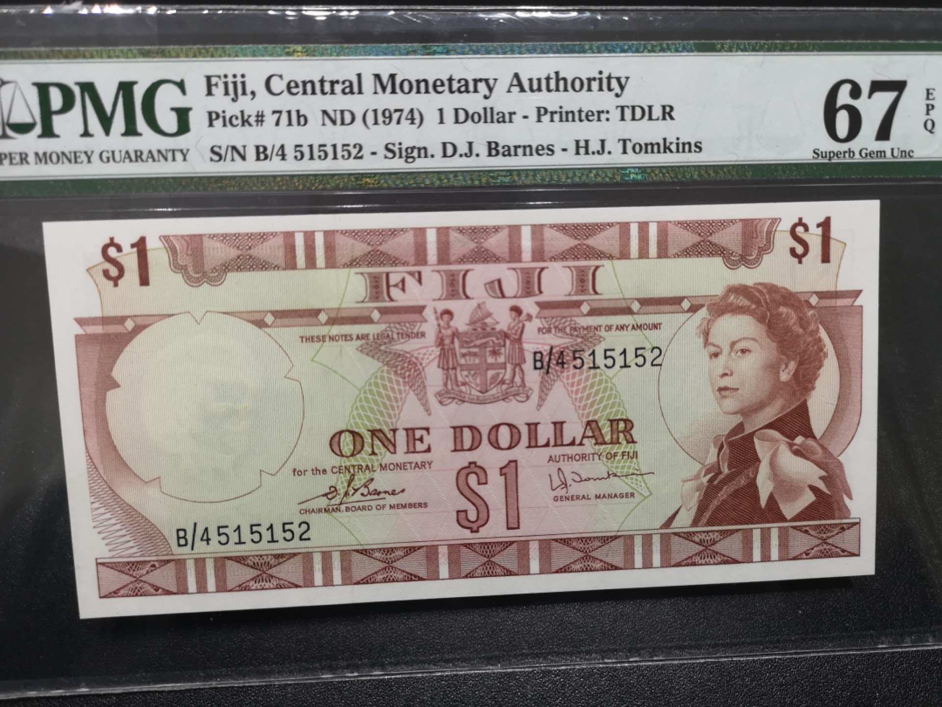 《外钞收藏家》第一百四十六期拍卖-超百件大拍场（本期106件） 1974年斐济1刀 PMG67