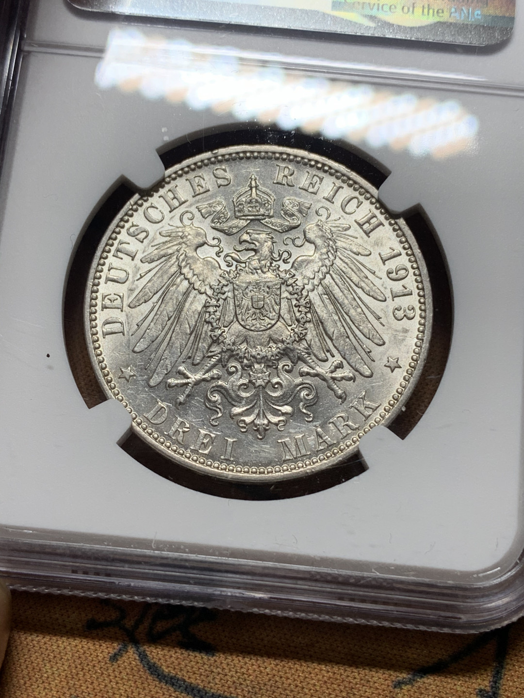 《竞宝斋》钱币微拍-第14场-本周日，周一2场连拍（全场顺丰包邮） NGC-AU58 德国汉堡 1913-J年 双狮3马克 银币 原光好品低评