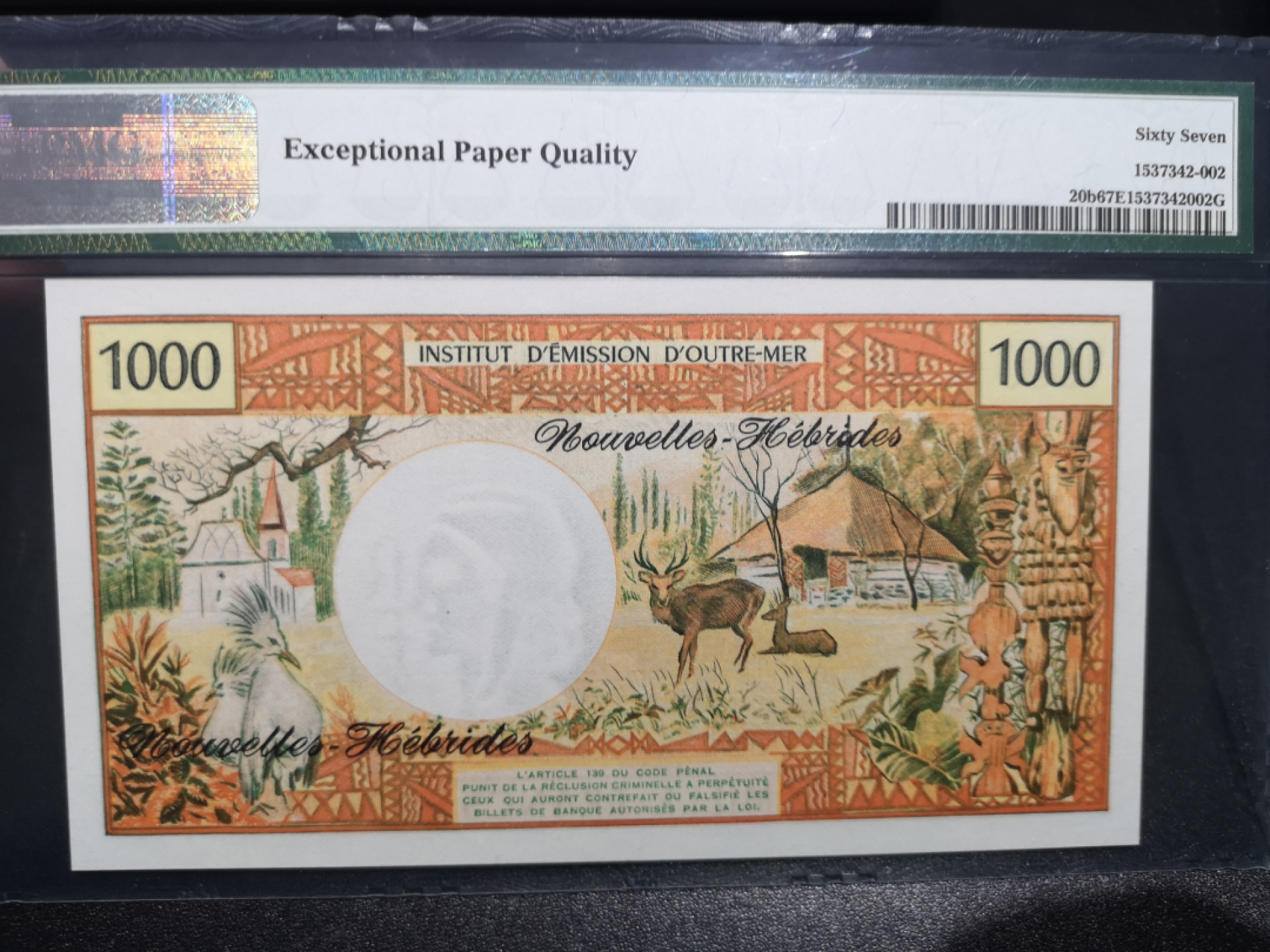 《外钞收藏家》第一百四十六期拍卖-超百件大拍场（本期106件） 1975年新赫布里底群岛1000法郎 PMG67