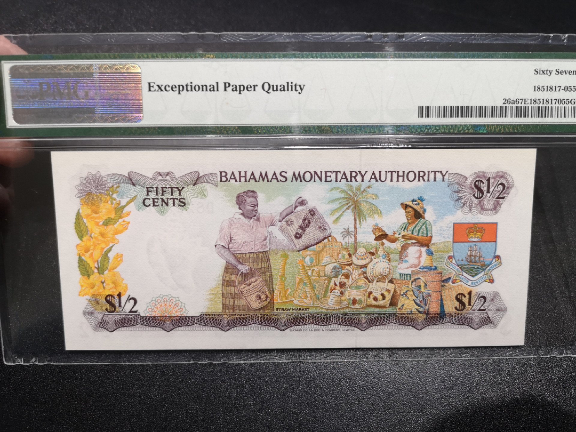 《外钞收藏家》第一百四十六期拍卖-超百件大拍场（本期106件） 1968年巴哈马1/2刀 PMG67 无47彩背