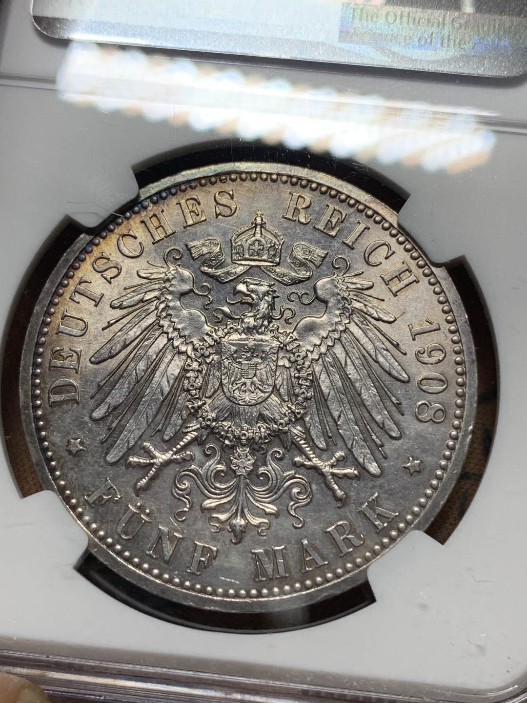 《竞宝斋》钱币微拍-第14场-本周日，周一2场连拍（全场顺丰包邮） NGC-MS63 德国萨克森魏玛 1908年 耶拿大学 5马克 银币 转光淡彩 收藏级