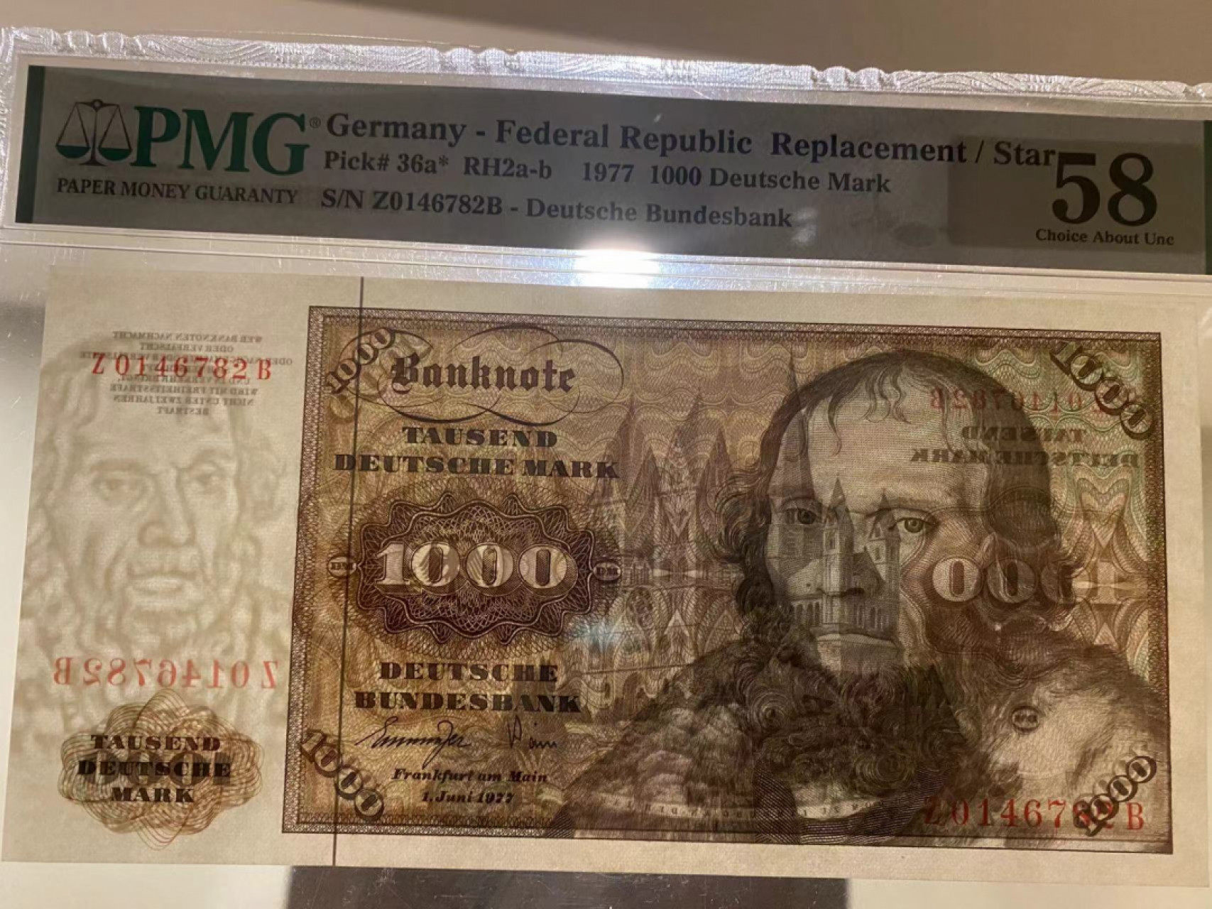 《外钞收藏家》第一百四十六期拍卖-超百件大拍场（本期106件） 1977年德国1000马克 PMG58 稀少补号 评级库目前四枚