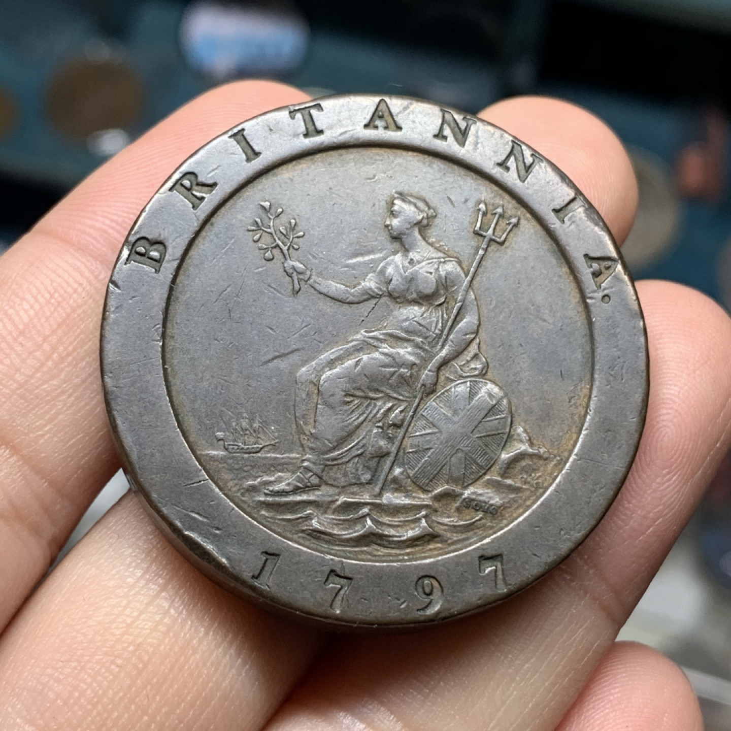 《竞宝斋》钱币微拍-第14场-本周日，周一2场连拍（全场顺丰包邮） 英国 1797年 2便士 大车轮 铜币