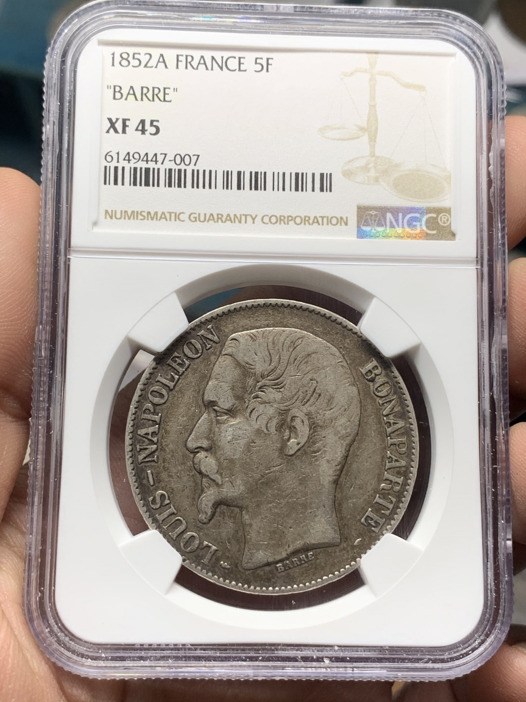 《竞宝斋》钱币微拍-第14场-本周日，周一2场连拍（全场顺丰包邮） NGC-XF45 法国 1852-A年 5法郎 银币 原味好品 较少版别 难得有分