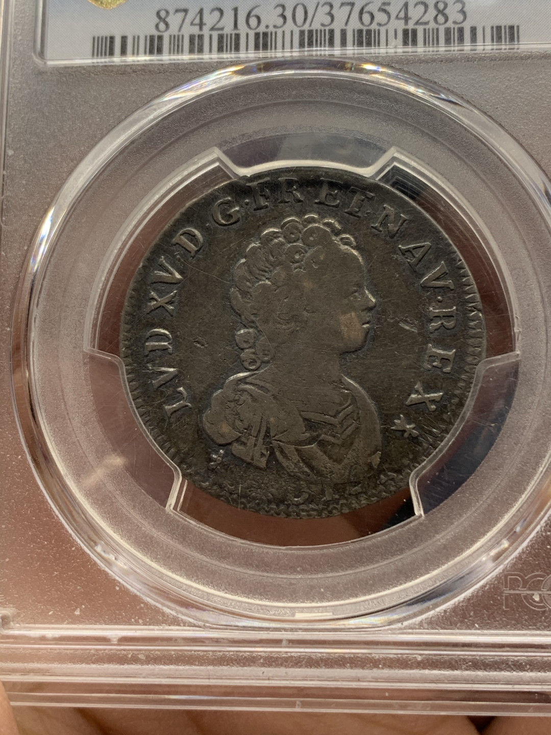 《竞宝斋》钱币微拍-第14场-本周日，周一2场连拍（全场顺丰包邮） 冠军 PCGS-VF30 法国 1716-AA年 路易十五小孩头 1/4埃居 银币 黑包浆带分 非常稀少