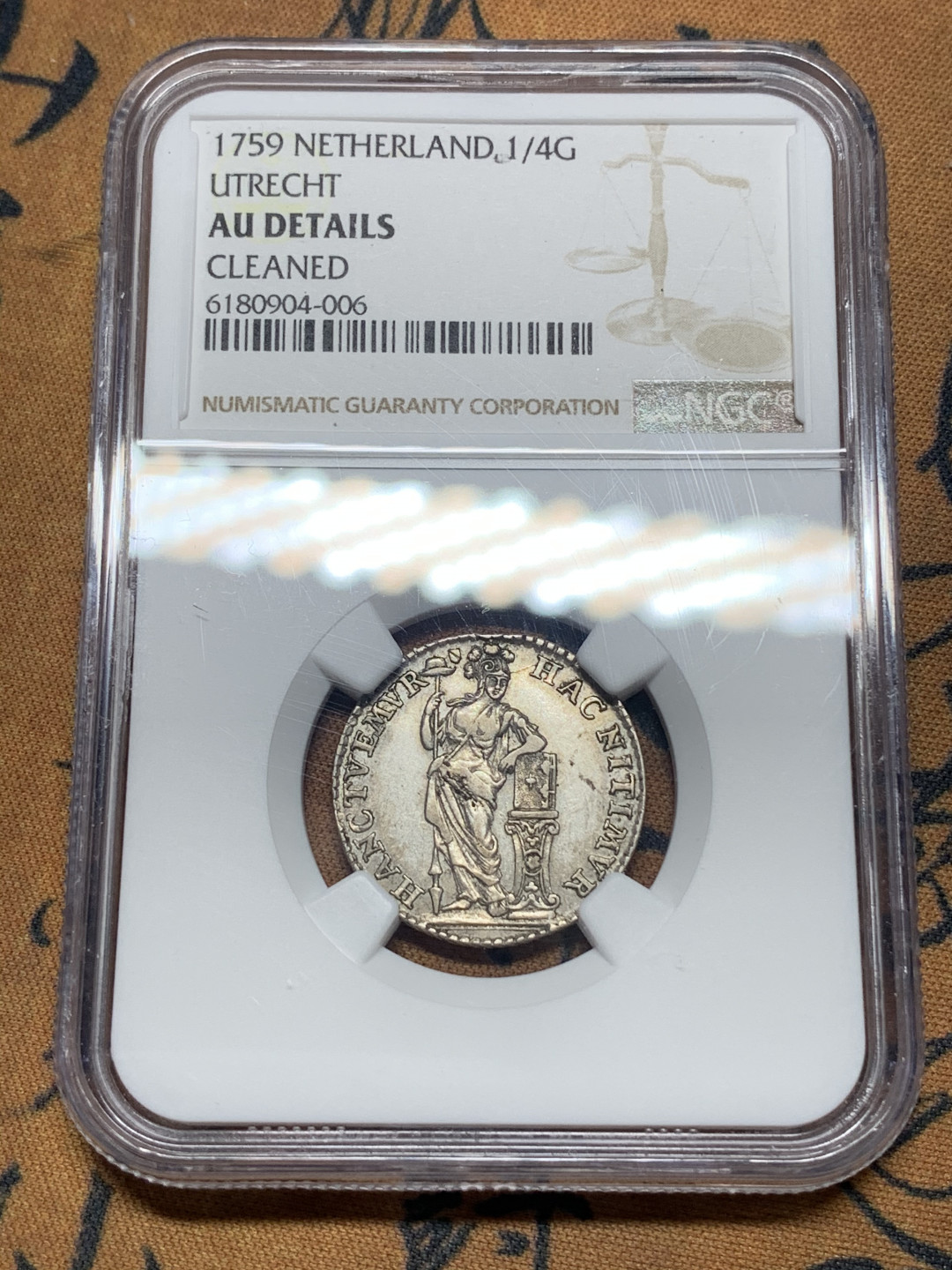 《竞宝斋》钱币微拍-第14场-本周日，周一2场连拍（全场顺丰包邮） NGC-AU 荷兰乌得勒支省 1759年 站人1/4盾 银币 原味品又被错杀