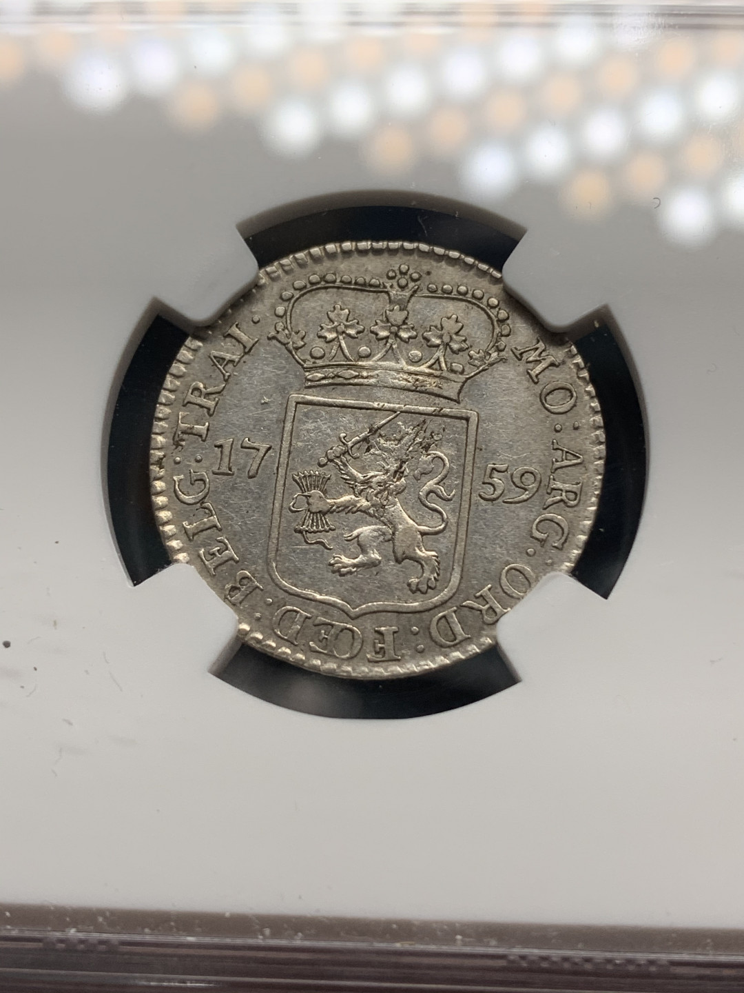 《竞宝斋》钱币微拍-第14场-本周日，周一2场连拍（全场顺丰包邮） NGC-AU 荷兰乌得勒支省 1759年 站人1/4盾 银币 原味品又被错杀