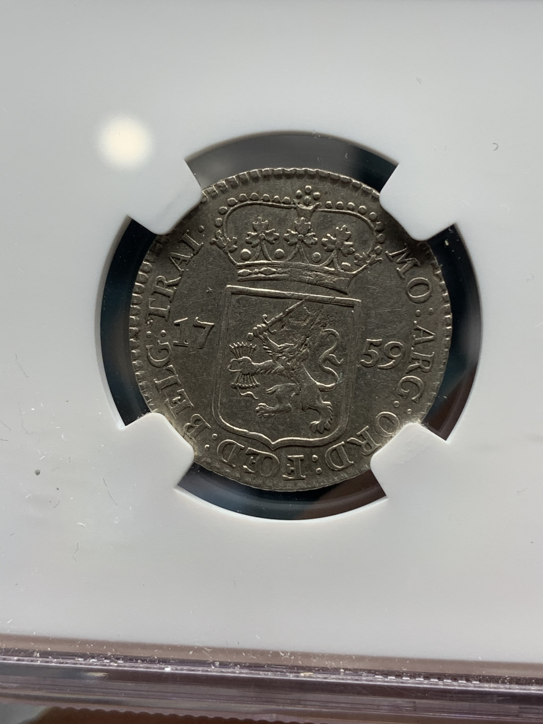 《竞宝斋》钱币微拍-第14场-本周日，周一2场连拍（全场顺丰包邮） NGC-AU 荷兰乌得勒支省 1759年 站人1/4盾 银币 原味品又被错杀