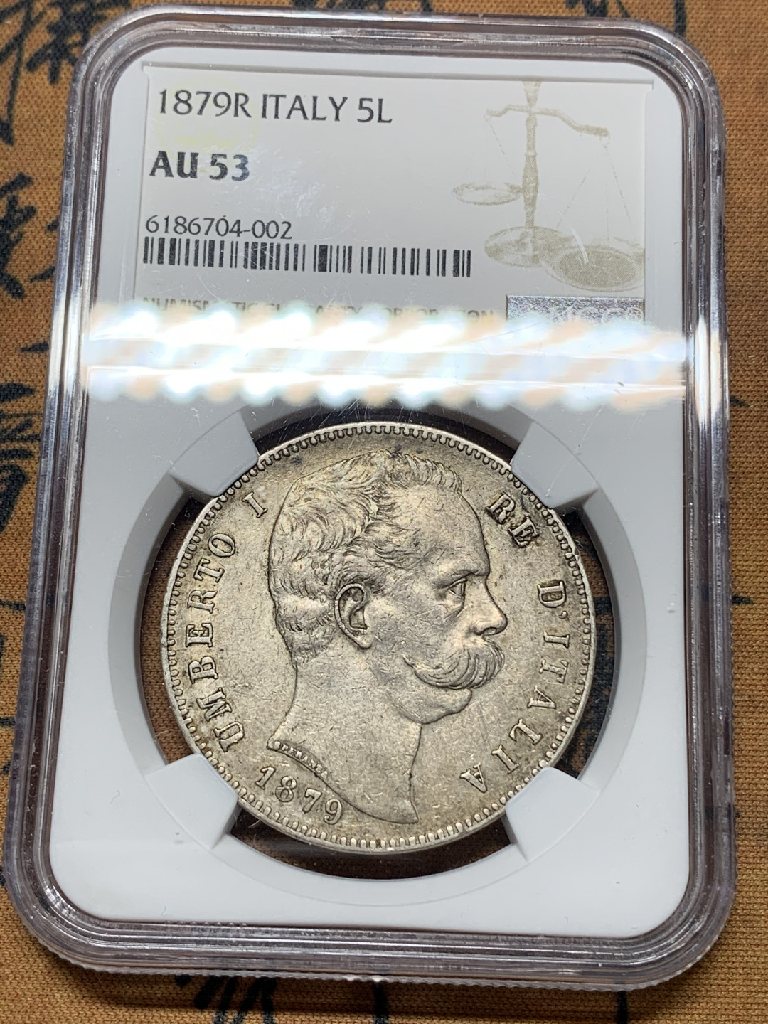 《竞宝斋》钱币微拍-第14场-本周日，周一2场连拍（全场顺丰包邮） NGC-AU53 意大利 1879-R 翁贝托 5里拉 银币 原味品 难得