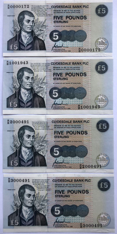 2025第25场（总第225期）：精品测试钞、纪念钞、塑料钞、连体钞综合场 - 苏格兰“诗人彭斯逝世200周年”5镑纪念钞一套四枚UNC（四首诗）