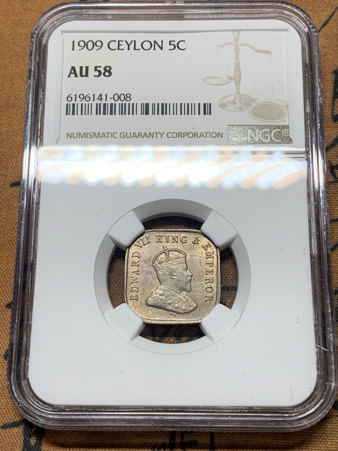 《竞宝斋》钱币微拍-第14场-本周日，周一2场连拍（全场顺丰包邮） NGC-AU58 锡兰 1909年5分镍币