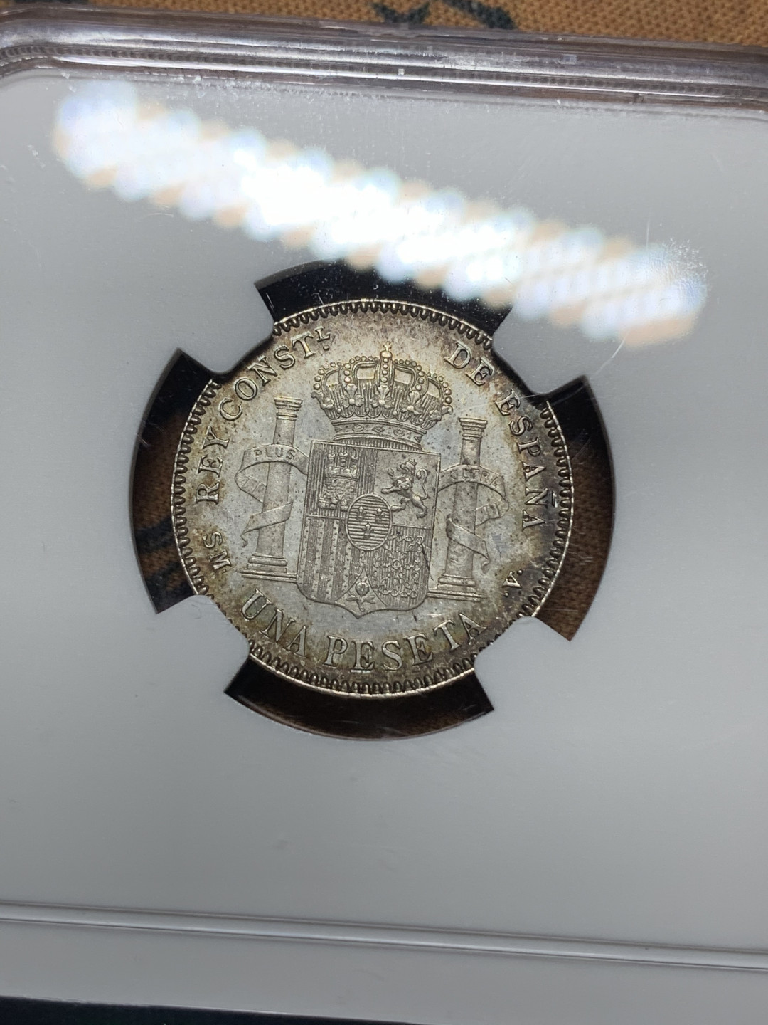 《竞宝斋》钱币微拍-第14场-本周日，周一2场连拍（全场顺丰包邮） NGC-MS63 西班牙 1901年 阿方索十三世 1比塞塔 银币 原味好品 细节一流