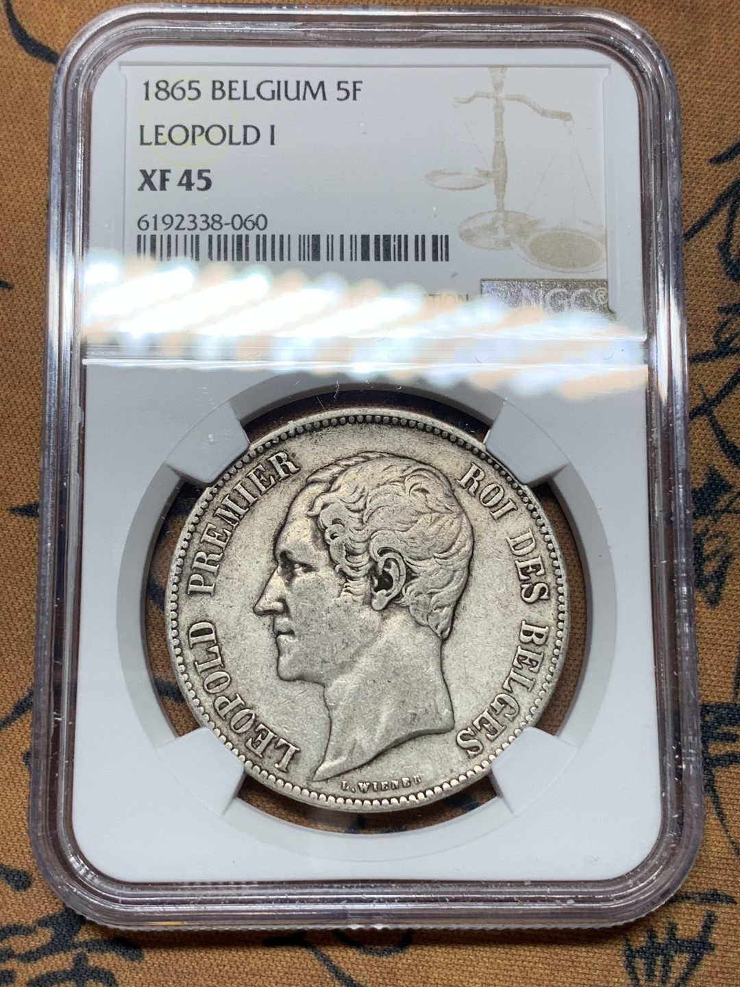 《竞宝斋》钱币微拍-第14场-本周日，周一2场连拍（全场顺丰包邮） NGC-XF45 比利时 1865年 利奥波德一世 5法郎 银币 原味出分难得