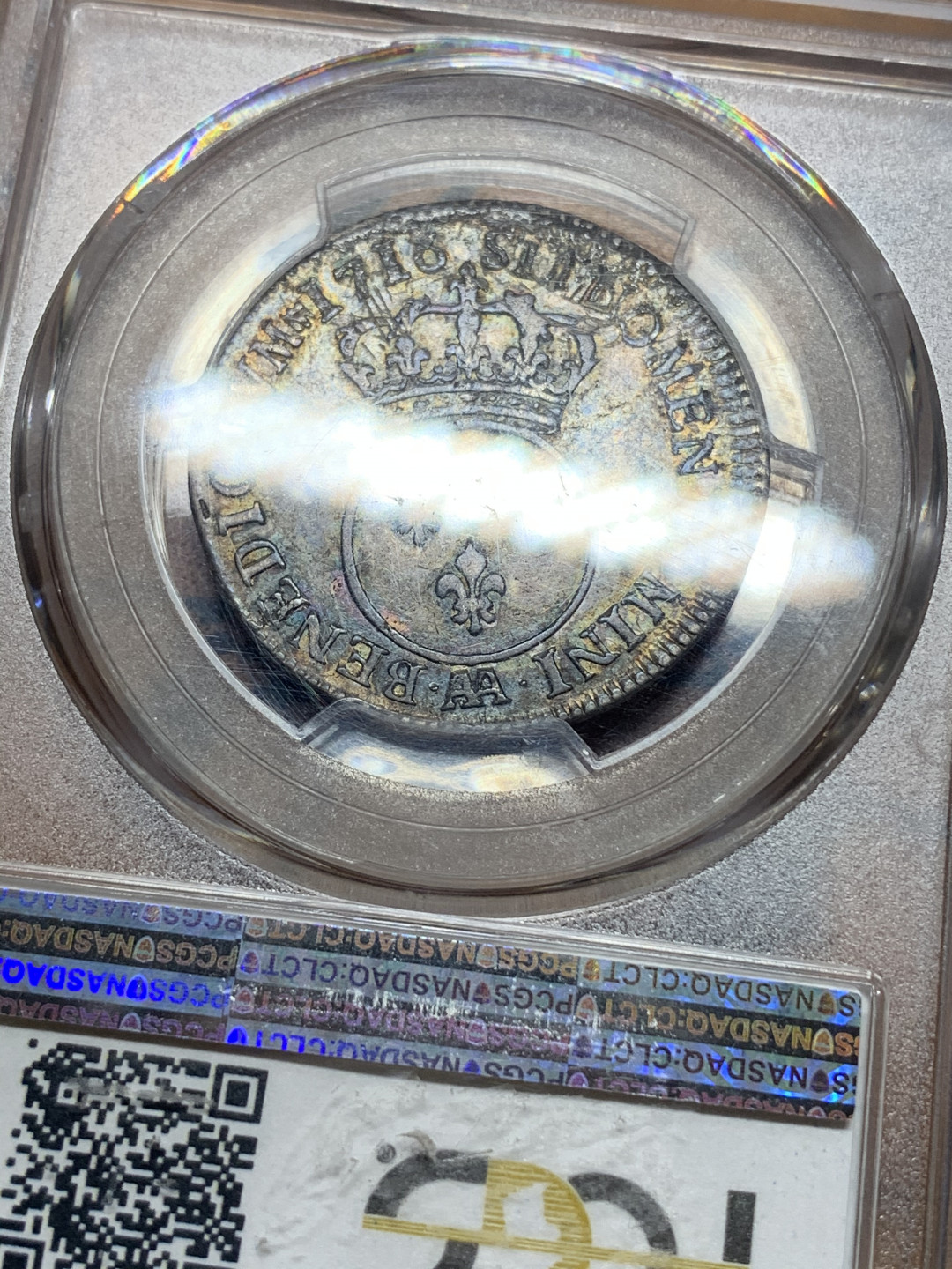 《竞宝斋》钱币微拍-第14场-本周日，周一2场连拍（全场顺丰包邮） 冠军 PCGS-VF30 法国 1716-AA年 路易十五小孩头 1/4埃居 银币 黑包浆带分 非常稀少