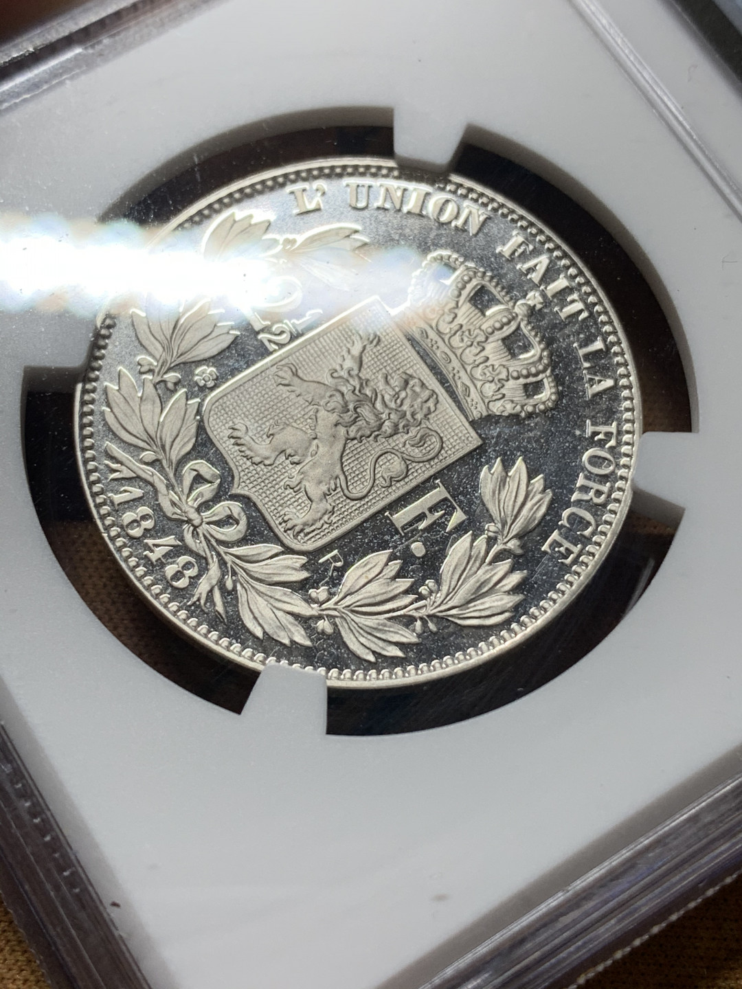 《竞宝斋》钱币微拍-第14场-本周日，周一2场连拍（全场顺丰包邮） 亚军 NGC-PF68 比利时 1848-R年 2.5法郎 银币 后铸PROOF 样币 非常稀少