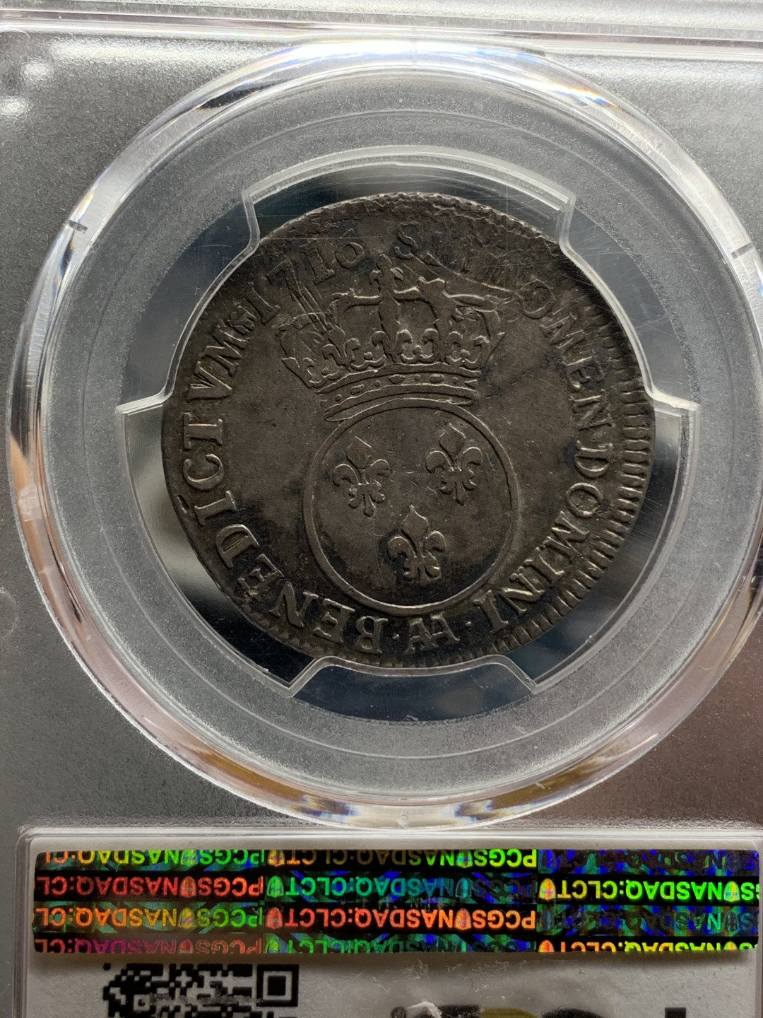 《竞宝斋》钱币微拍-第14场-本周日，周一2场连拍（全场顺丰包邮） 冠军 PCGS-VF30 法国 1716-AA年 路易十五小孩头 1/4埃居 银币 黑包浆带分 非常稀少