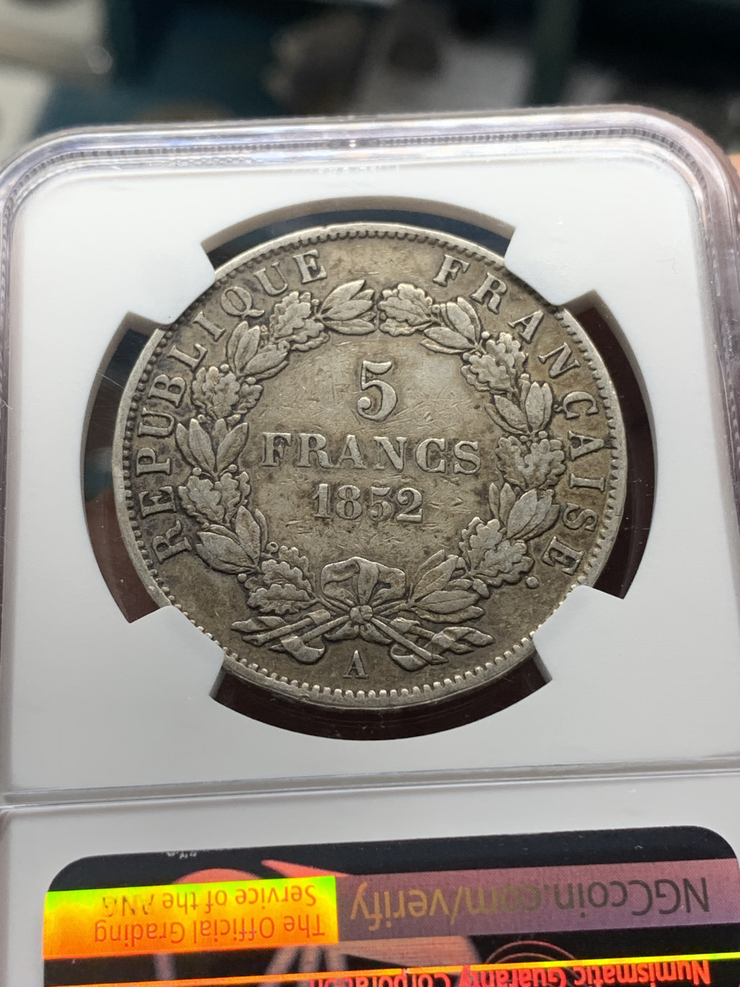 《竞宝斋》钱币微拍-第14场-本周日，周一2场连拍（全场顺丰包邮） NGC-XF45 法国 1852-A年 5法郎 银币 原味好品 较少版别 难得有分
