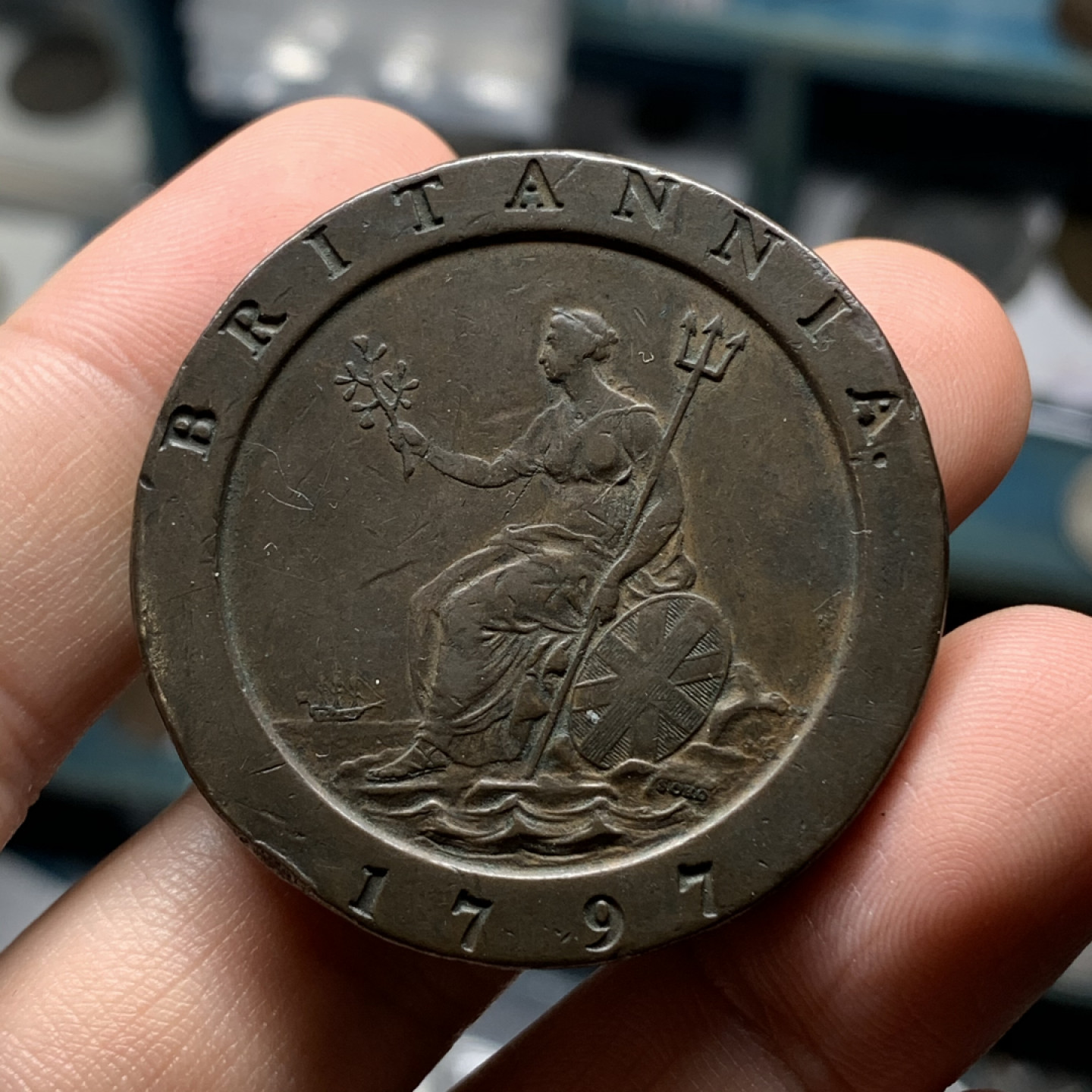 《竞宝斋》钱币微拍-第14场-本周日，周一2场连拍（全场顺丰包邮） 英国 1797年 2便士 大车轮 铜币