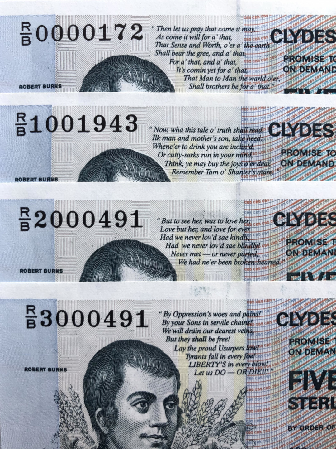 2025第25场（总第225期）：精品测试钞、纪念钞、塑料钞、连体钞综合场 苏格兰“诗人彭斯逝世200周年”5镑纪念钞一套四枚UNC（四首诗）